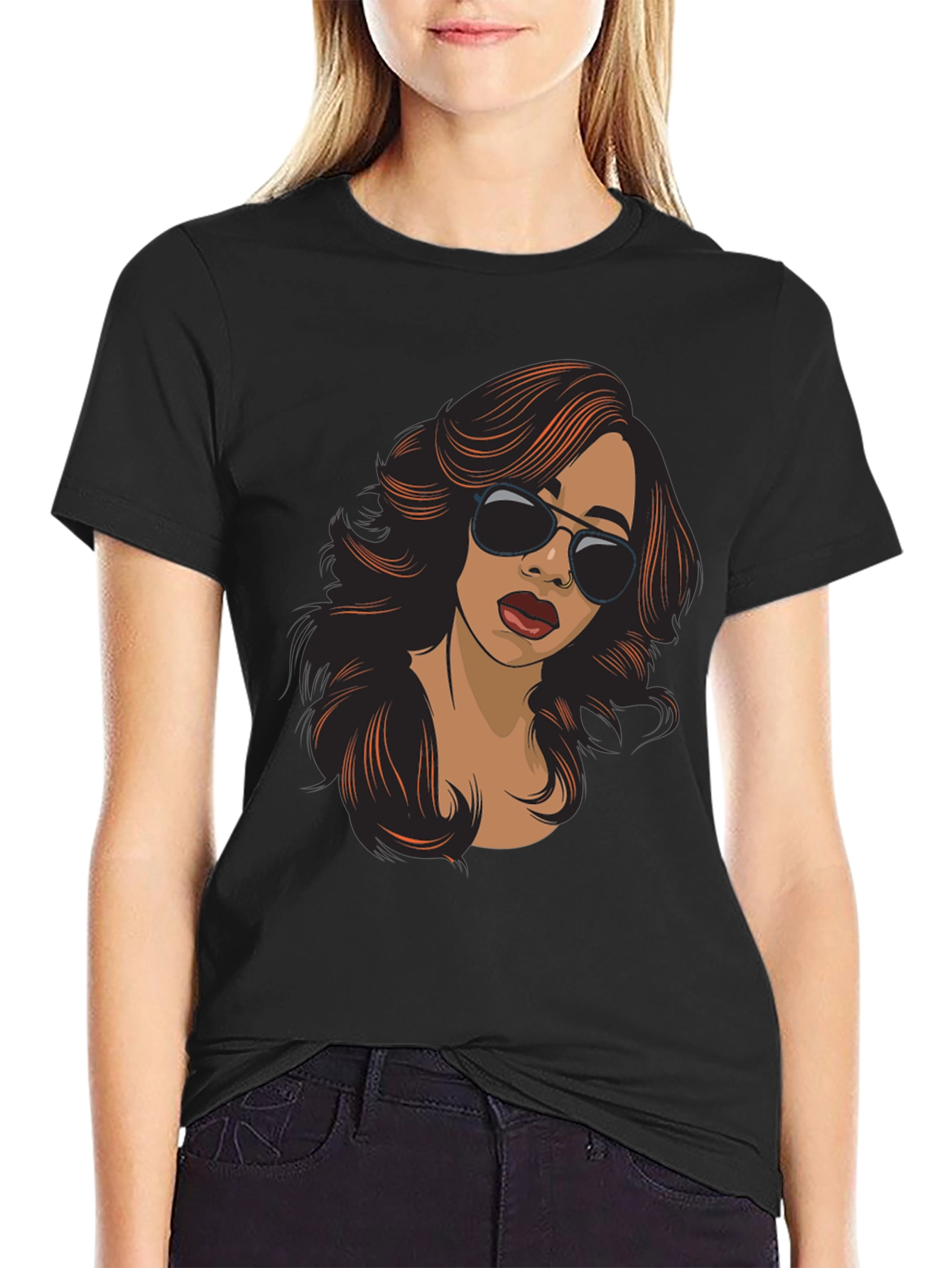 Stylish Cartoon Woman Graphic Print Black T-Shirt