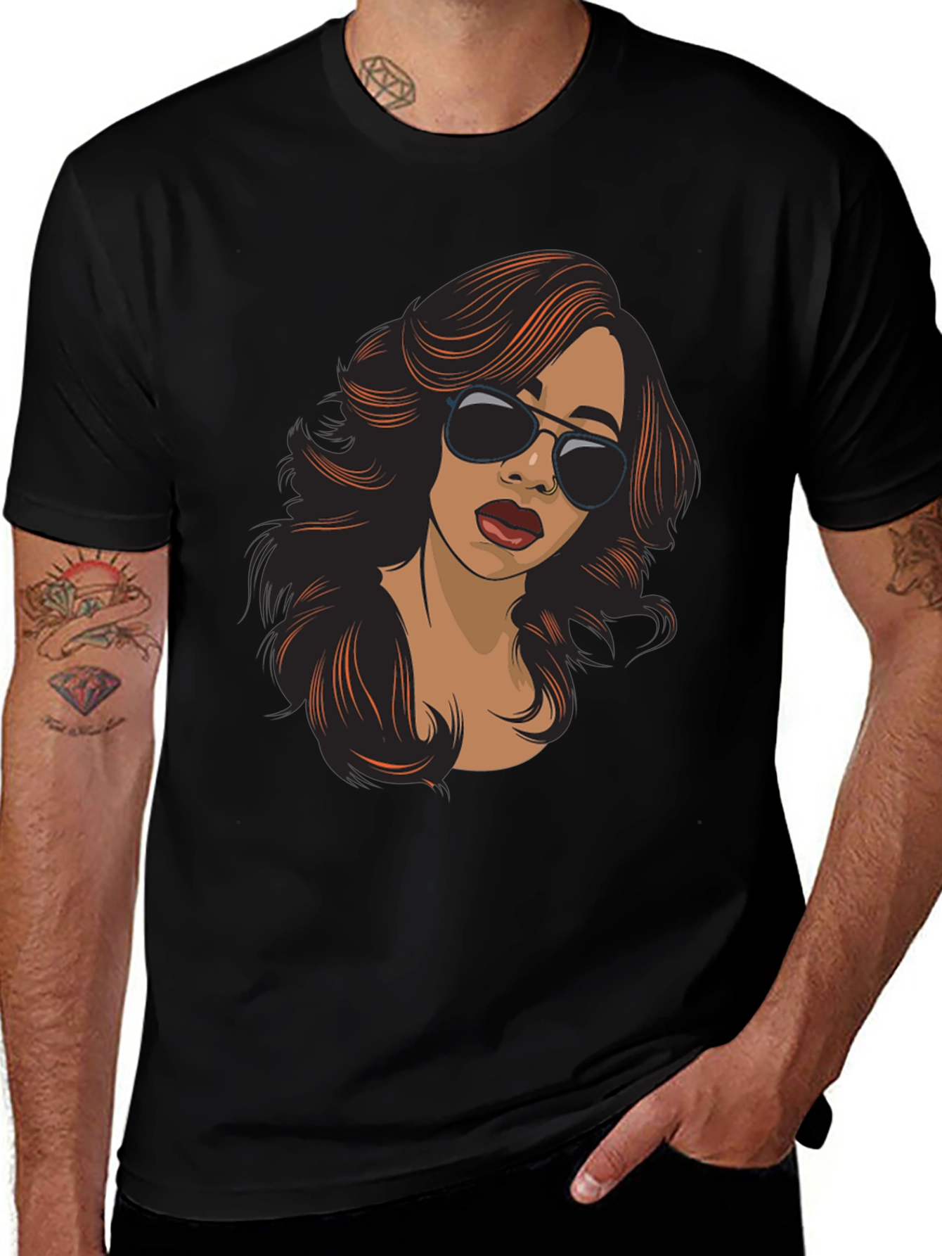 Stylish Cartoon Woman Graphic Print Black T-Shirt