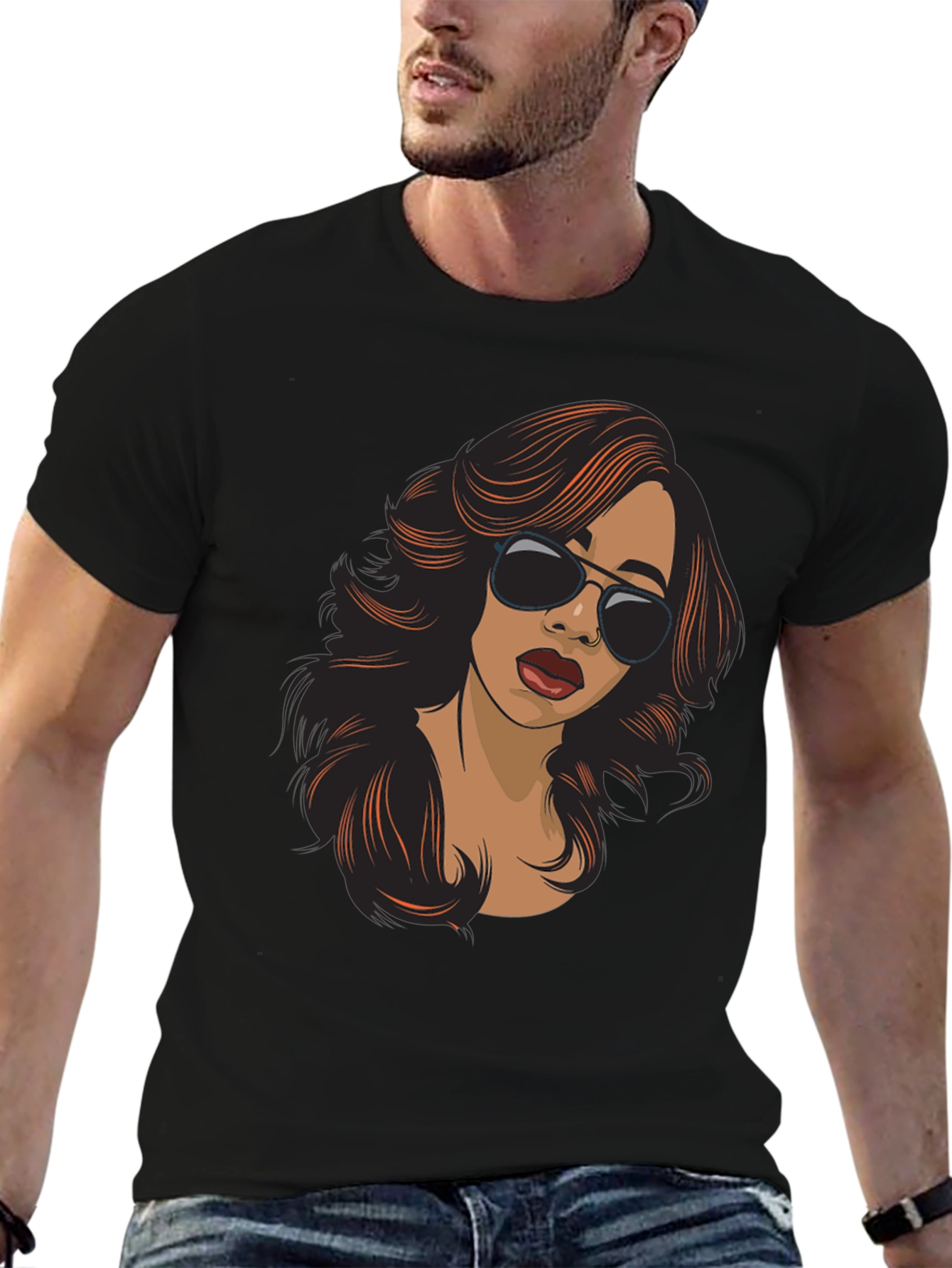 Stylish Cartoon Woman Graphic Print Black T-Shirt