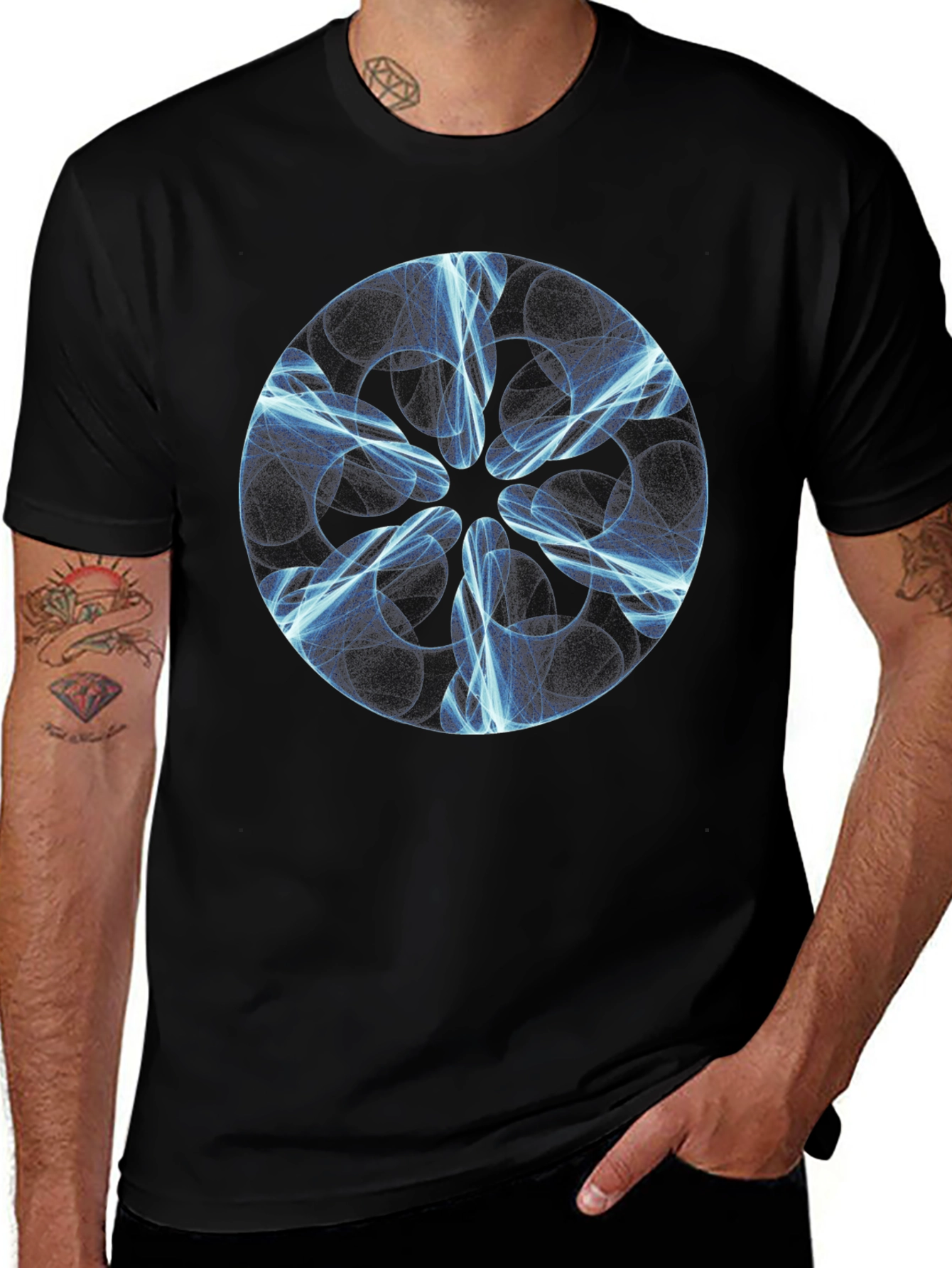 Abstract Blue Light Design Black T-Shirt
