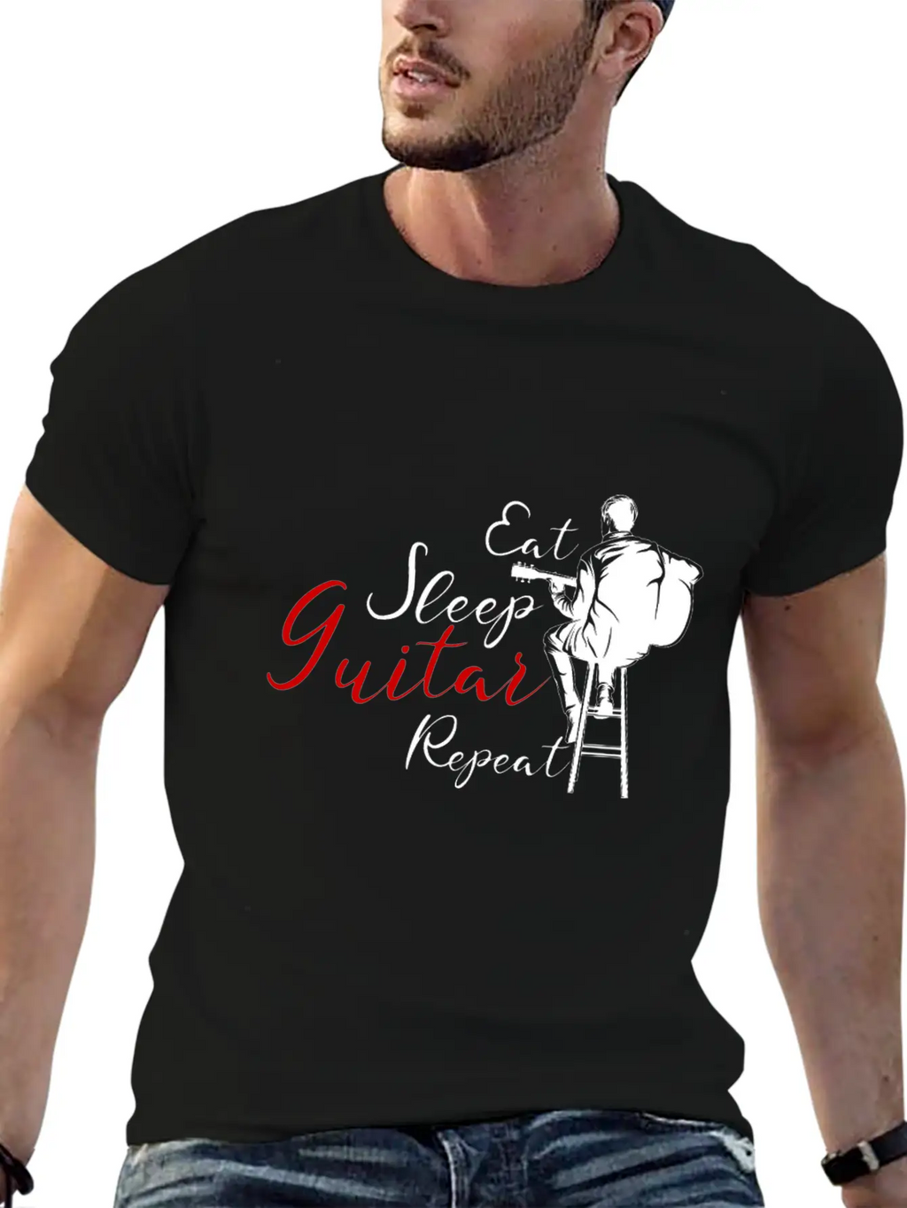 Eat Sleep Guitar Repeat Funny Gift For Guitarists Casual Graphic T-Shirt – Simple And Comfortable Daily Wear