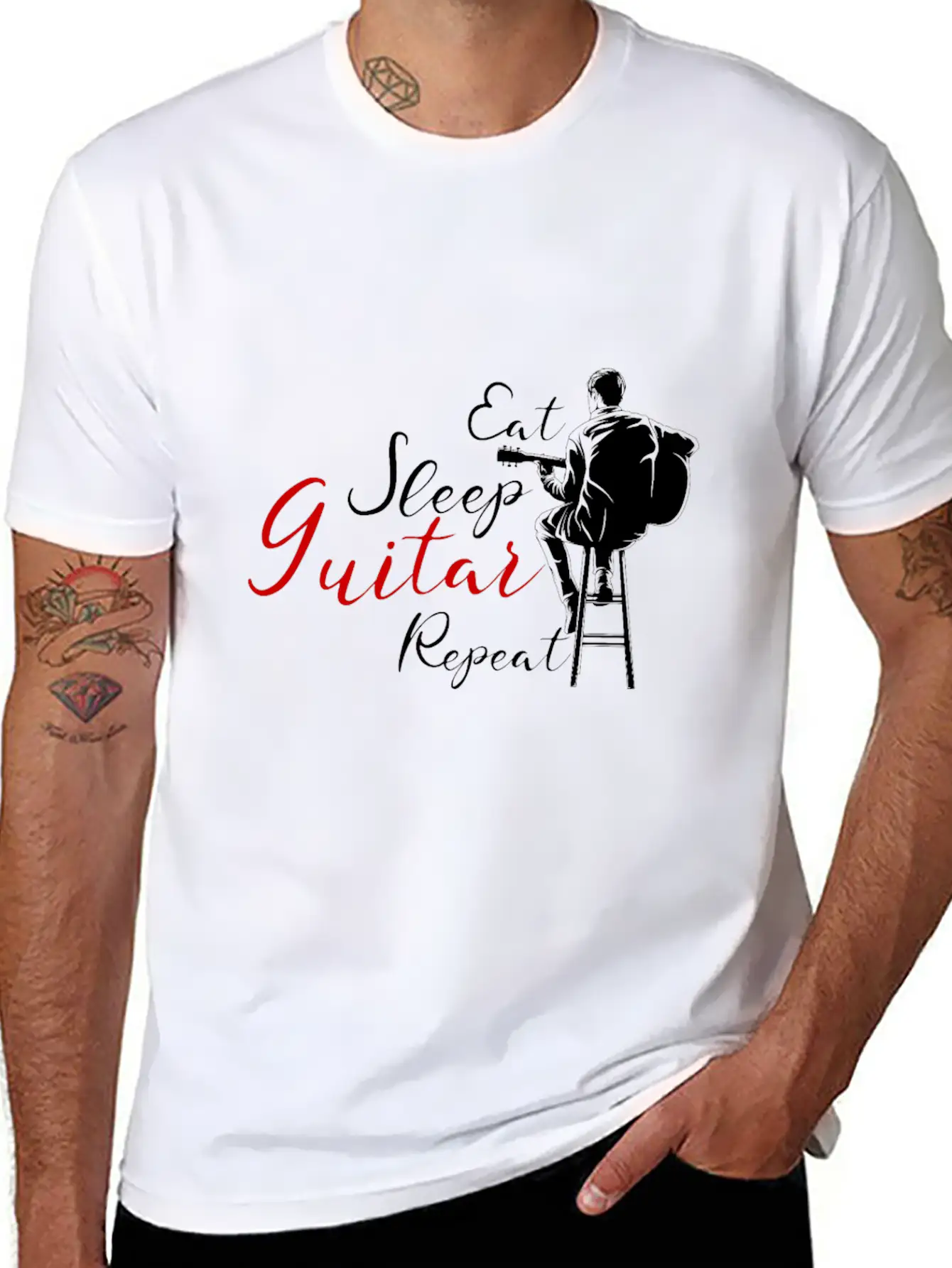 Eat Sleep Guitar Repeat Funny Gift For Guitarists Casual Graphic T-Shirt – Simple And Comfortable Daily Wear