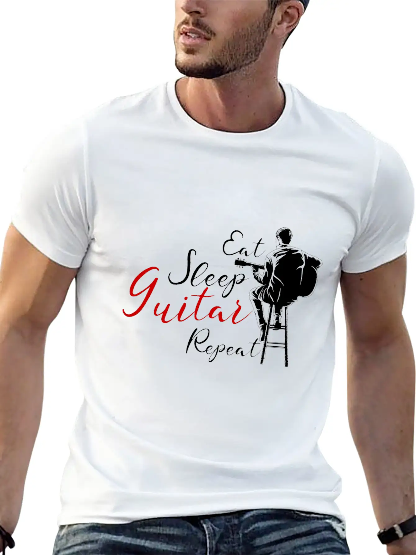 Eat Sleep Guitar Repeat Funny Gift For Guitarists Casual Graphic T-Shirt – Simple And Comfortable Daily Wear