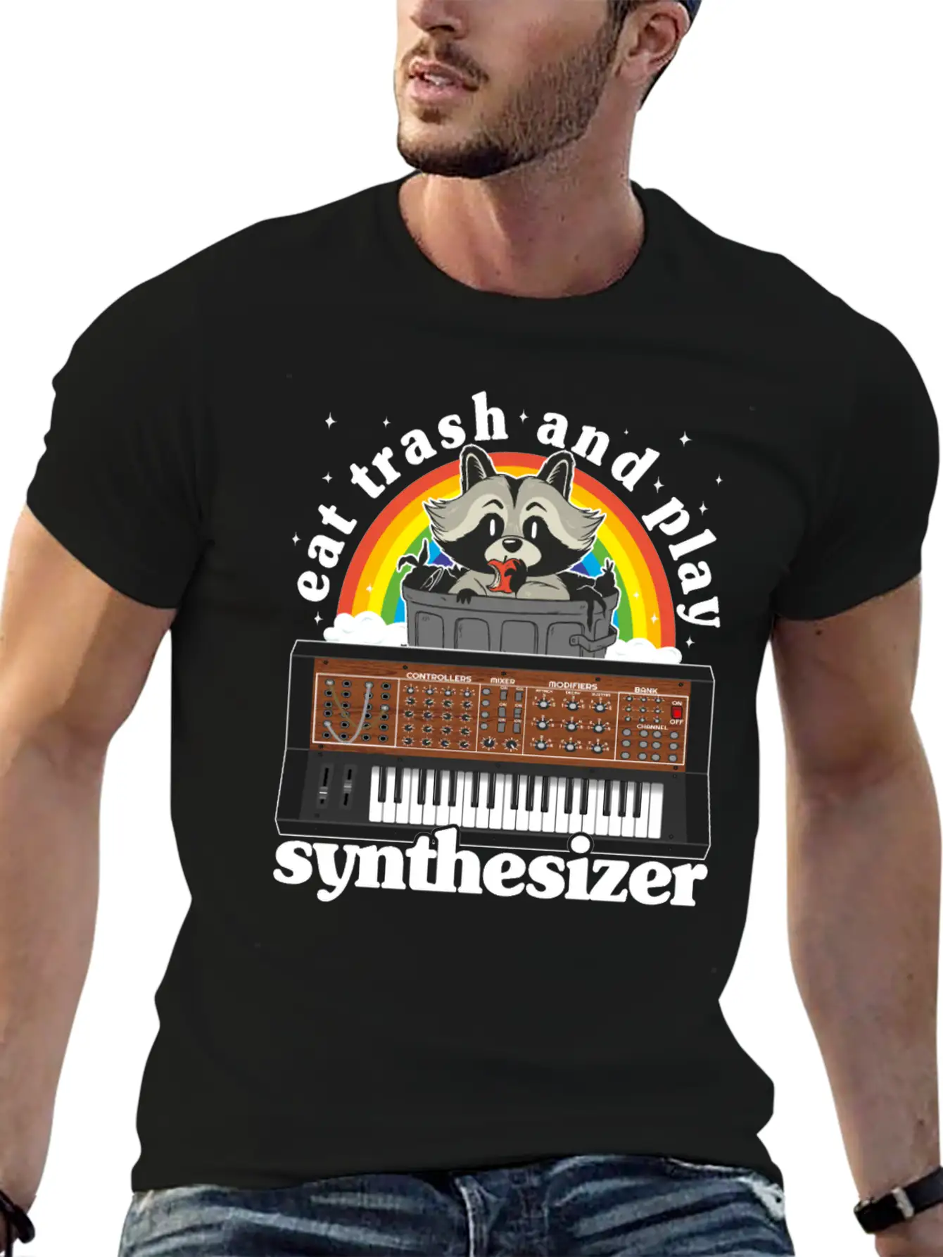 Eat Trash And Play Synthesizer Funny Synths Racoon Unisex Casual T-Shirt – Clean Design For Daily Comfort