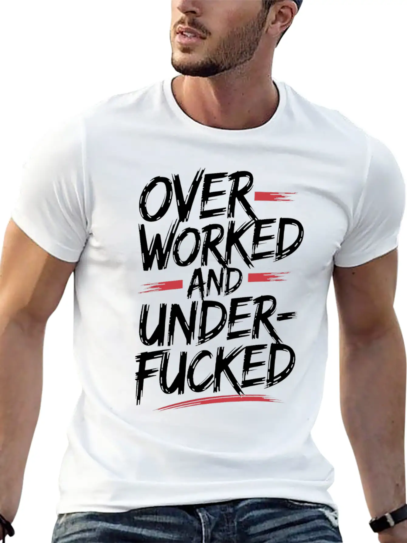 Edgy Overworked And Underfucked Graffiti Art Unisex Short Sleeve Soft Cotton T-Shirt – Casual Everyday Wear