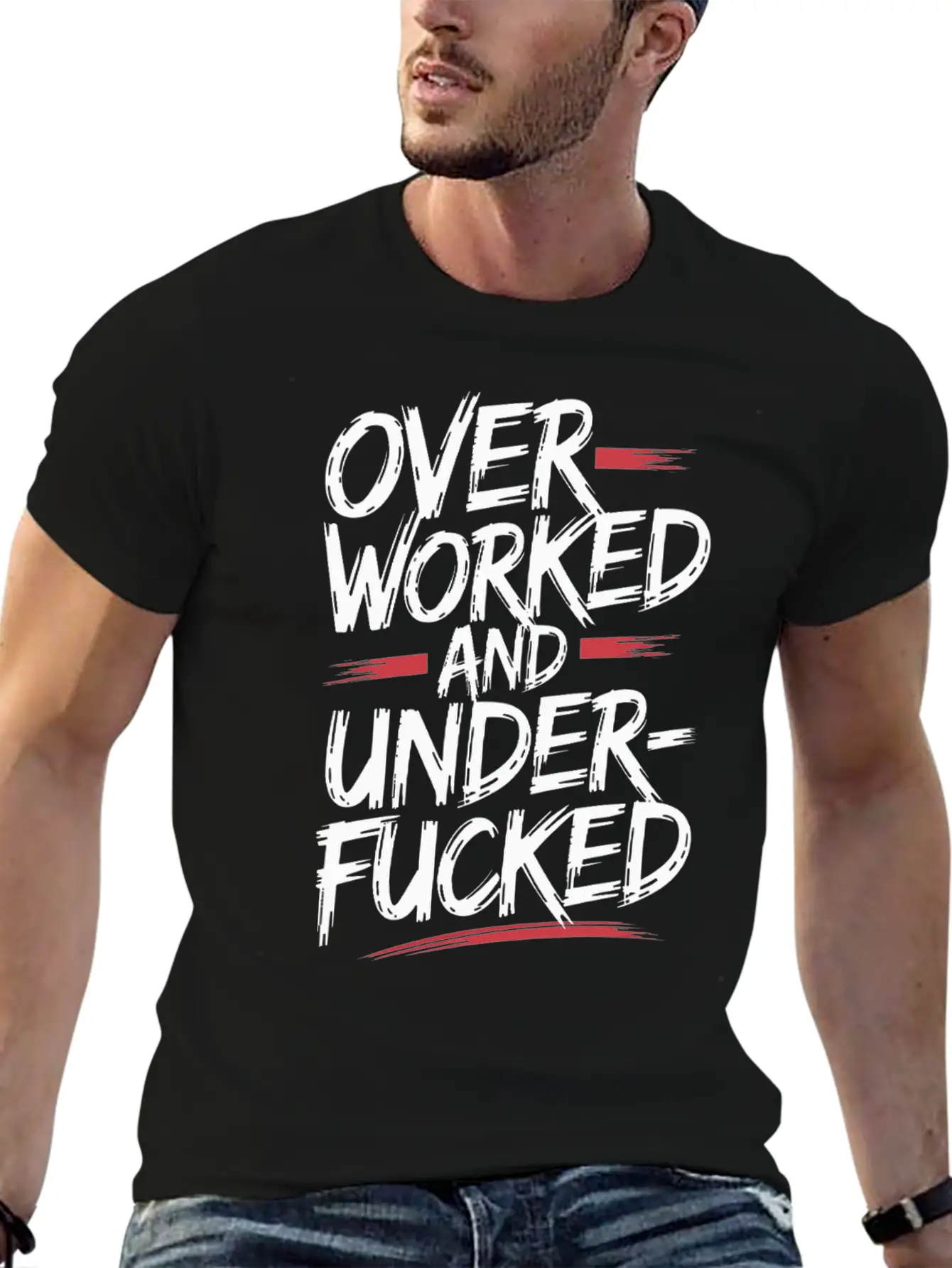 Edgy Overworked And Underfucked Graffiti Art Unisex Short Sleeve Soft Cotton T-Shirt – Casual Everyday Wear