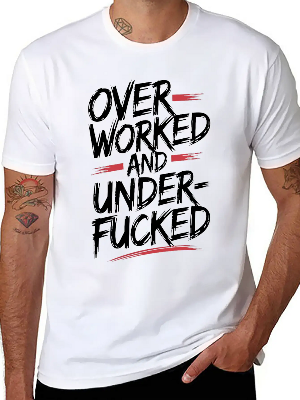 Edgy Overworked And Underfucked Graffiti Art Unisex Short Sleeve Soft Cotton T-Shirt – Casual Everyday Wear
