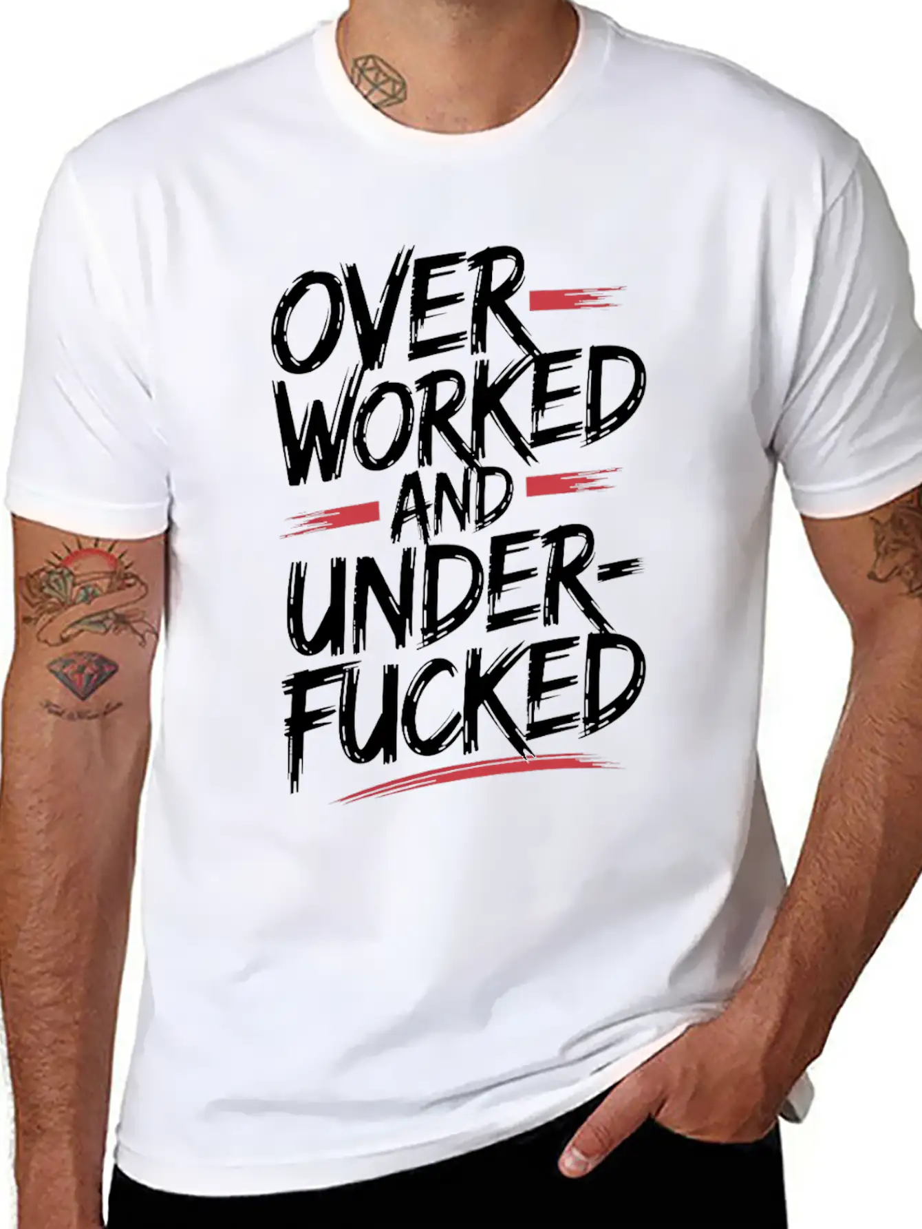 Edgy Overworked And Underfucked Graffiti Art Unisex Short Sleeve Soft Cotton T-Shirt – Casual Everyday Wear
