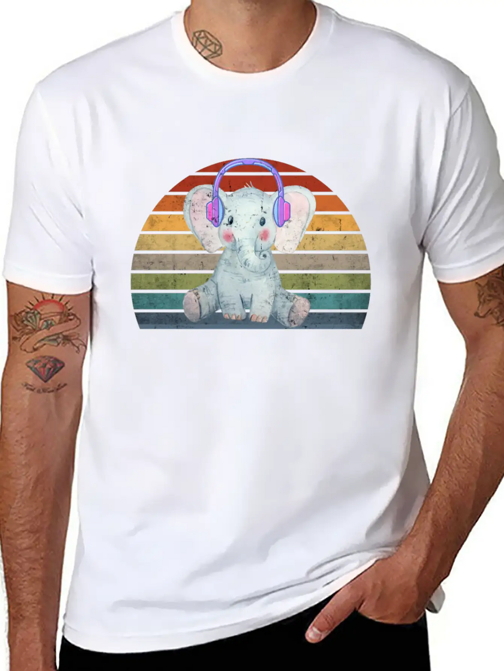 EDM Electronic Dance Music Retro Sunset Elephant H Unisex Short Sleeve Soft Cotton T-Shirt – Casual Everyday Wear