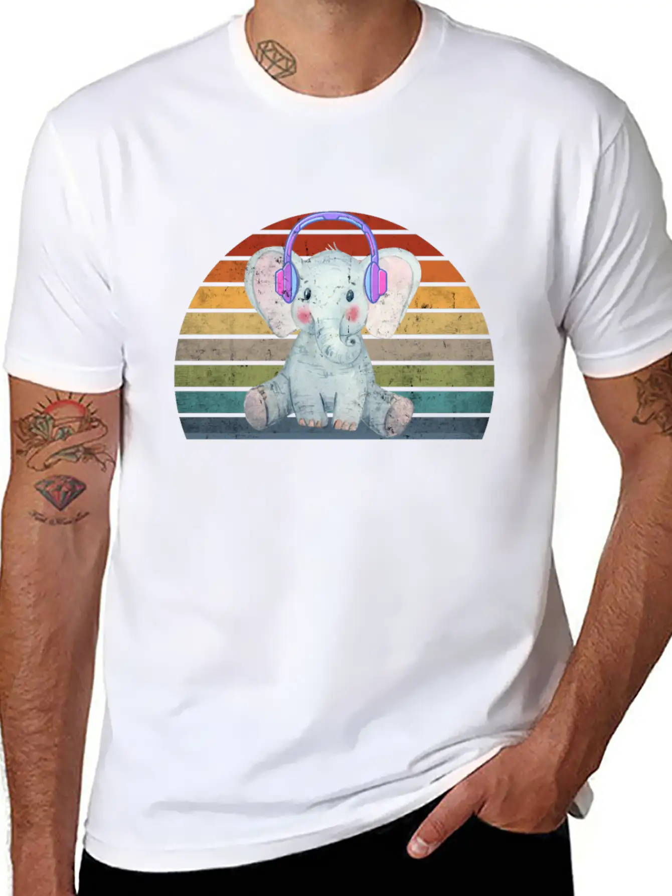 EDM Electronic Dance Music Retro Sunset Elephant H Unisex Short Sleeve Soft Cotton T-Shirt – Casual Everyday Wear