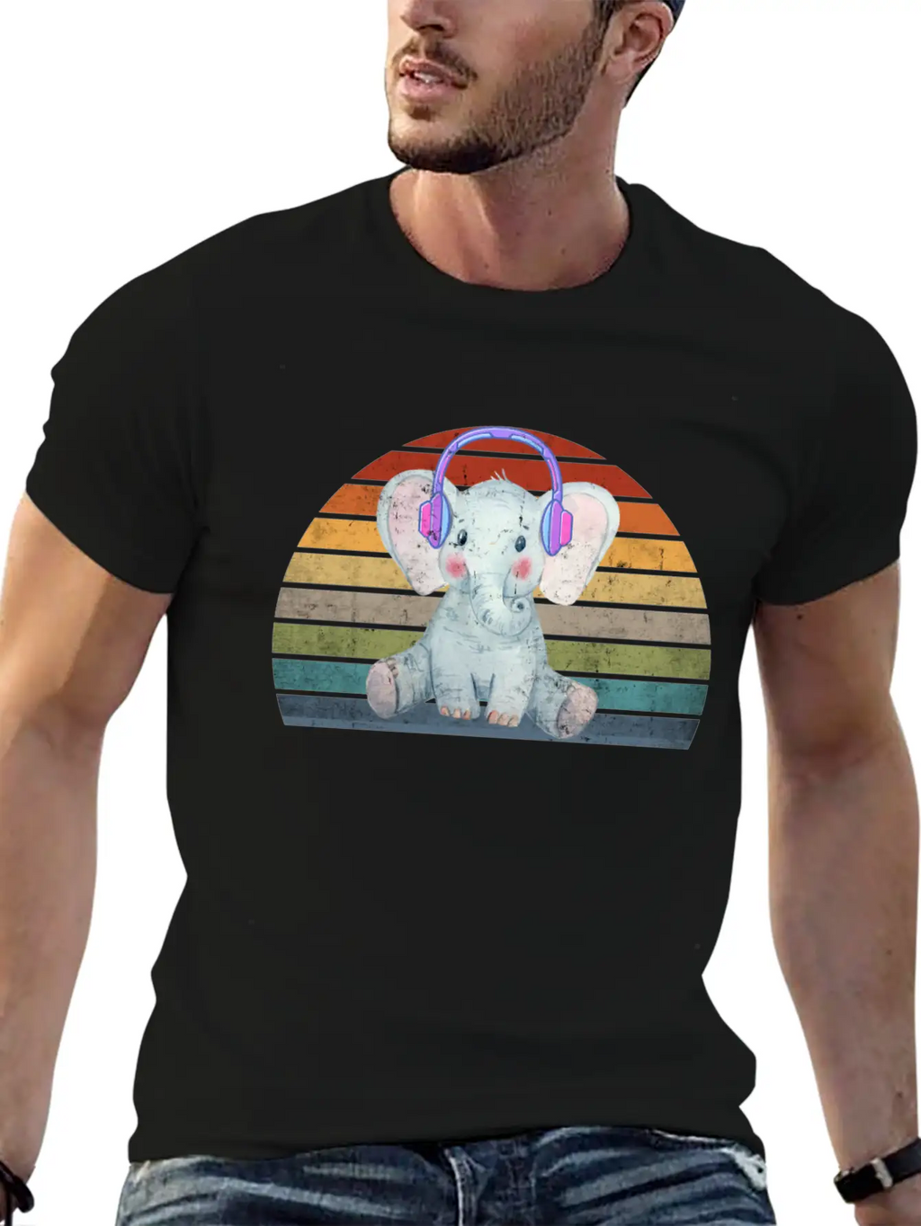 EDM Electronic Dance Music Retro Sunset Elephant H Unisex Short Sleeve Soft Cotton T-Shirt – Casual Everyday Wear