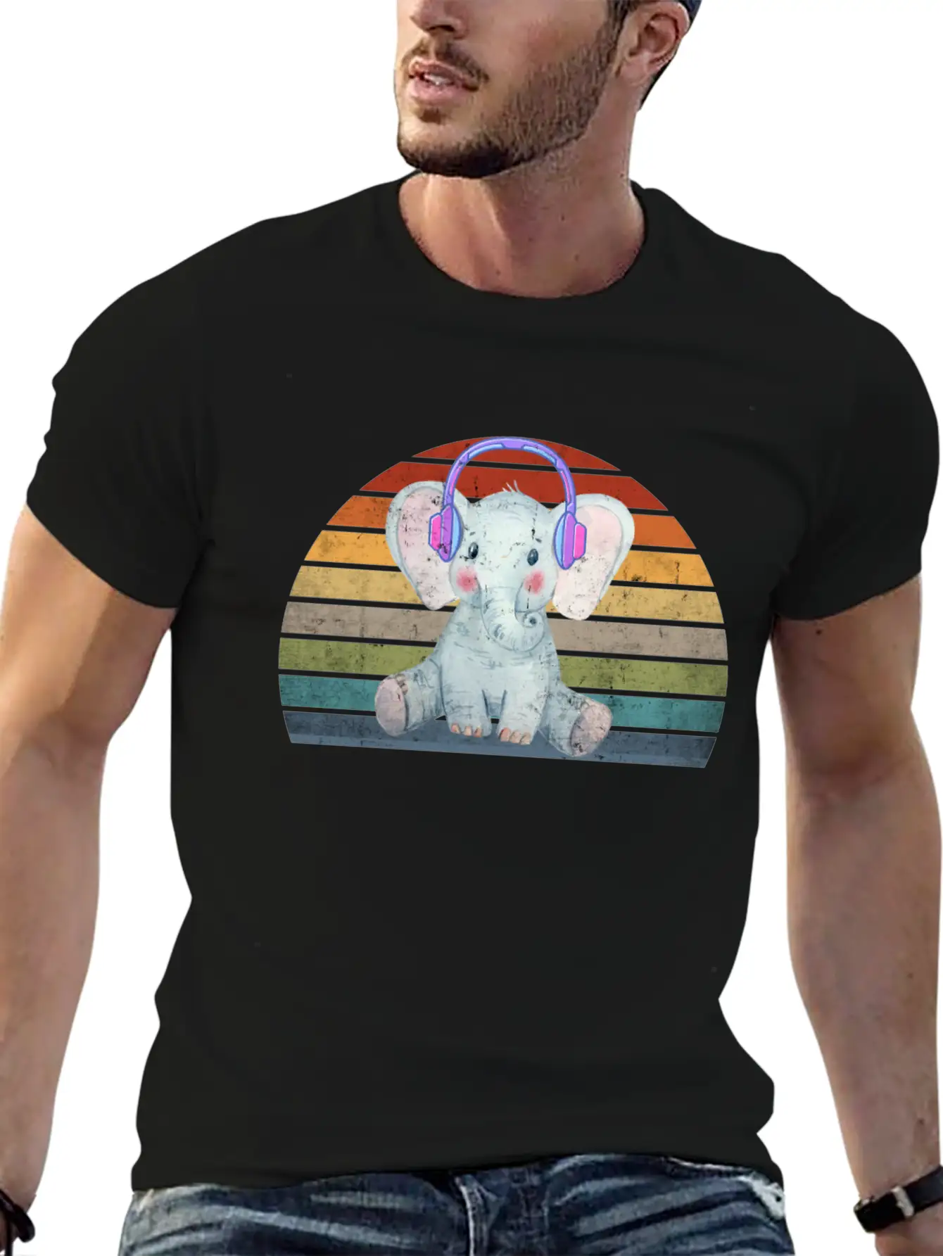 EDM Electronic Dance Music Retro Sunset Elephant H Unisex Short Sleeve Soft Cotton T-Shirt – Casual Everyday Wear