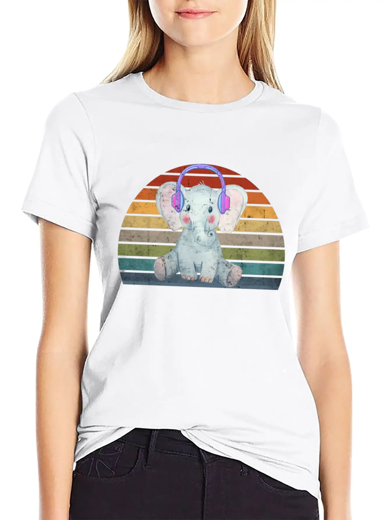 EDM Electronic Dance Music Retro Sunset Elephant H Unisex Short Sleeve Soft Cotton T-Shirt – Casual Everyday Wear