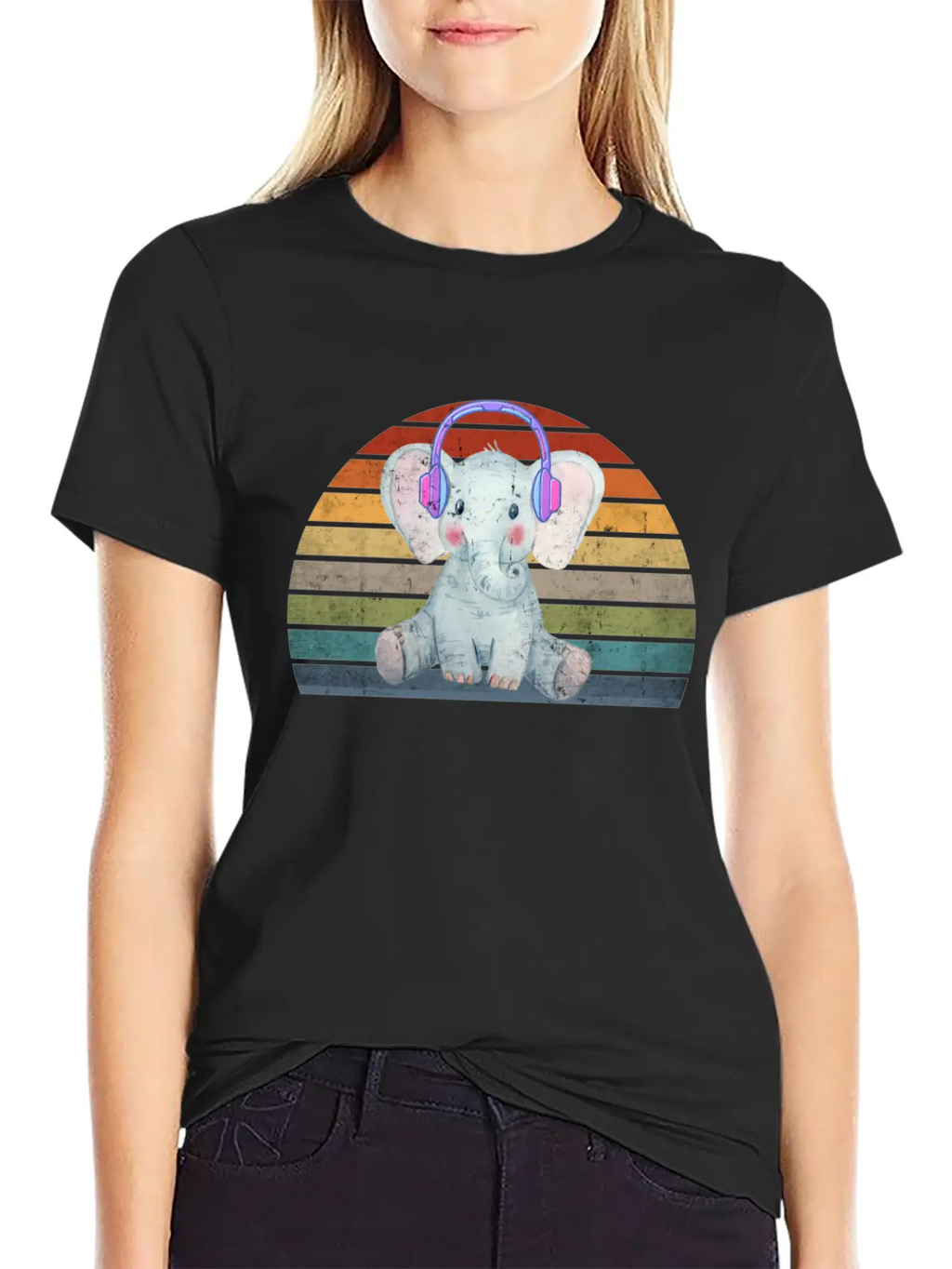 EDM Electronic Dance Music Retro Sunset Elephant H Unisex Short Sleeve Soft Cotton T-Shirt – Casual Everyday Wear