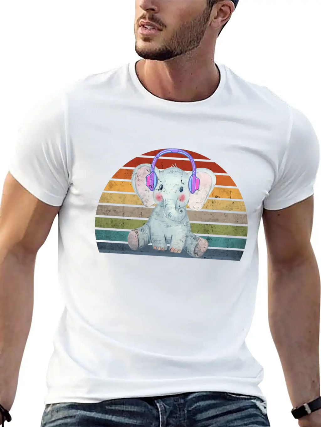 EDM Electronic Dance Music Retro Sunset Elephant H Unisex Short Sleeve Soft Cotton T-Shirt – Casual Everyday Wear