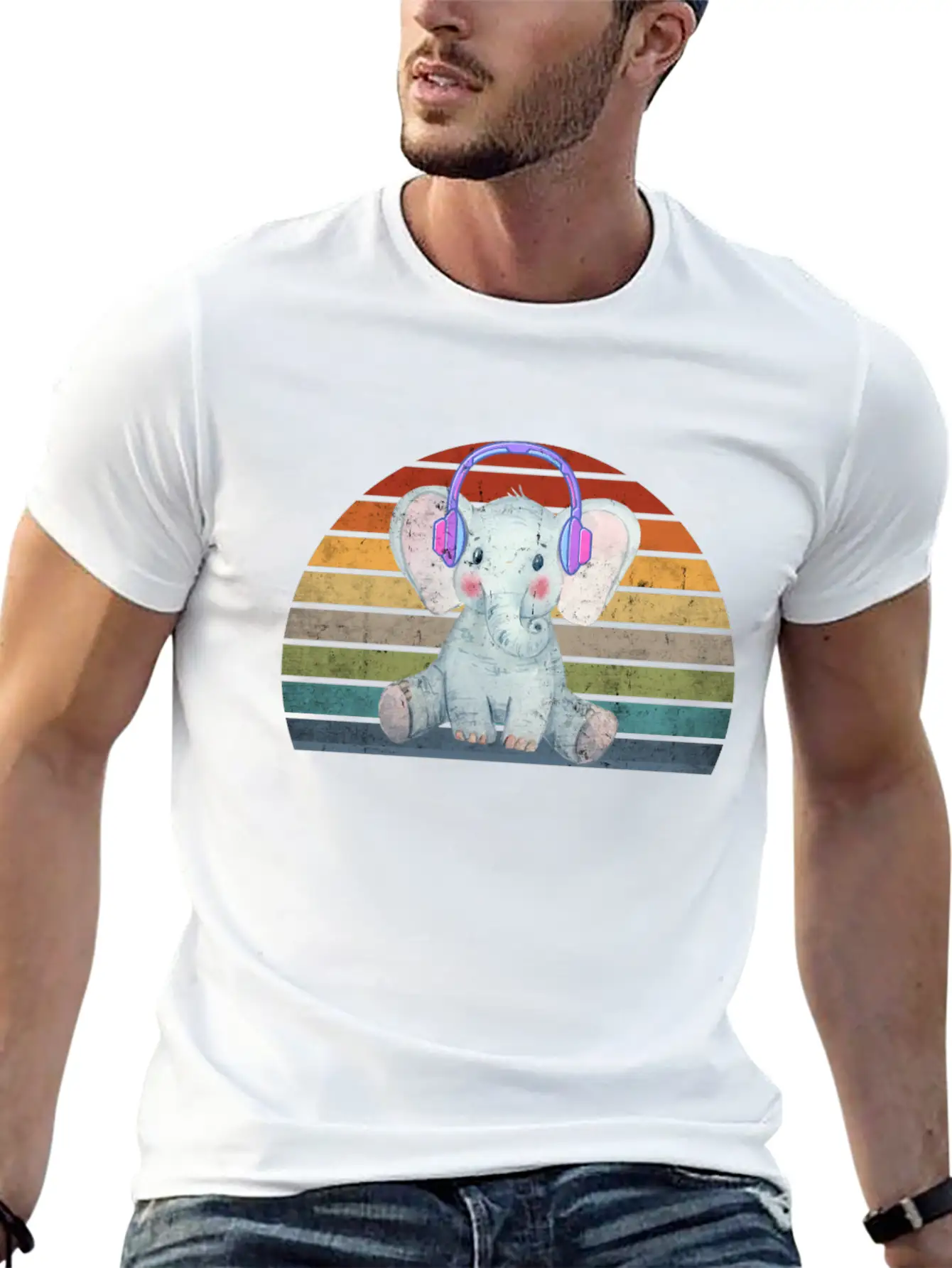 EDM Electronic Dance Music Retro Sunset Elephant H Unisex Short Sleeve Soft Cotton T-Shirt – Casual Everyday Wear