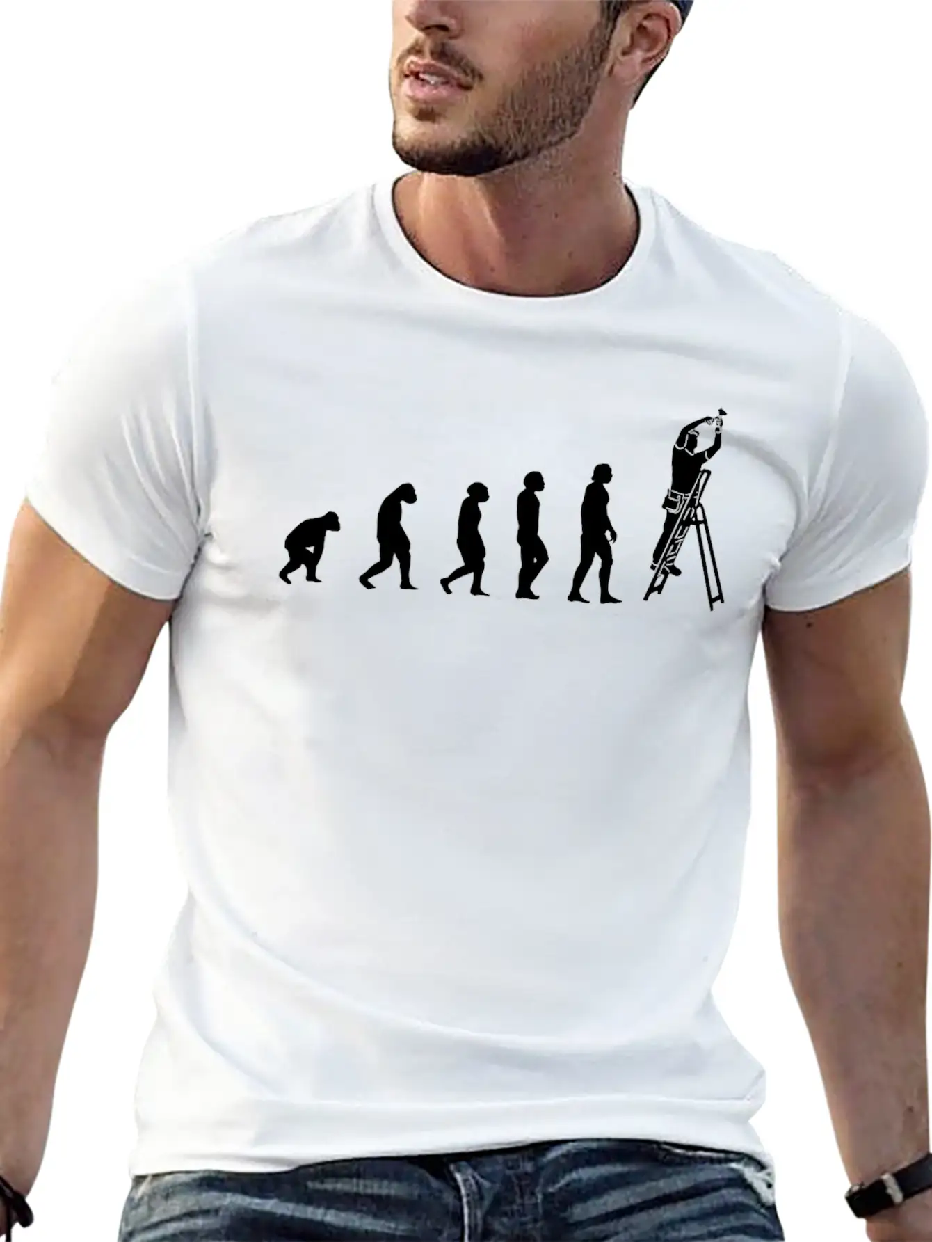 Electrician With Tools On Janitor-ladder, Stylish Everyday T-Shirt – Unisex Basic Cotton Tee