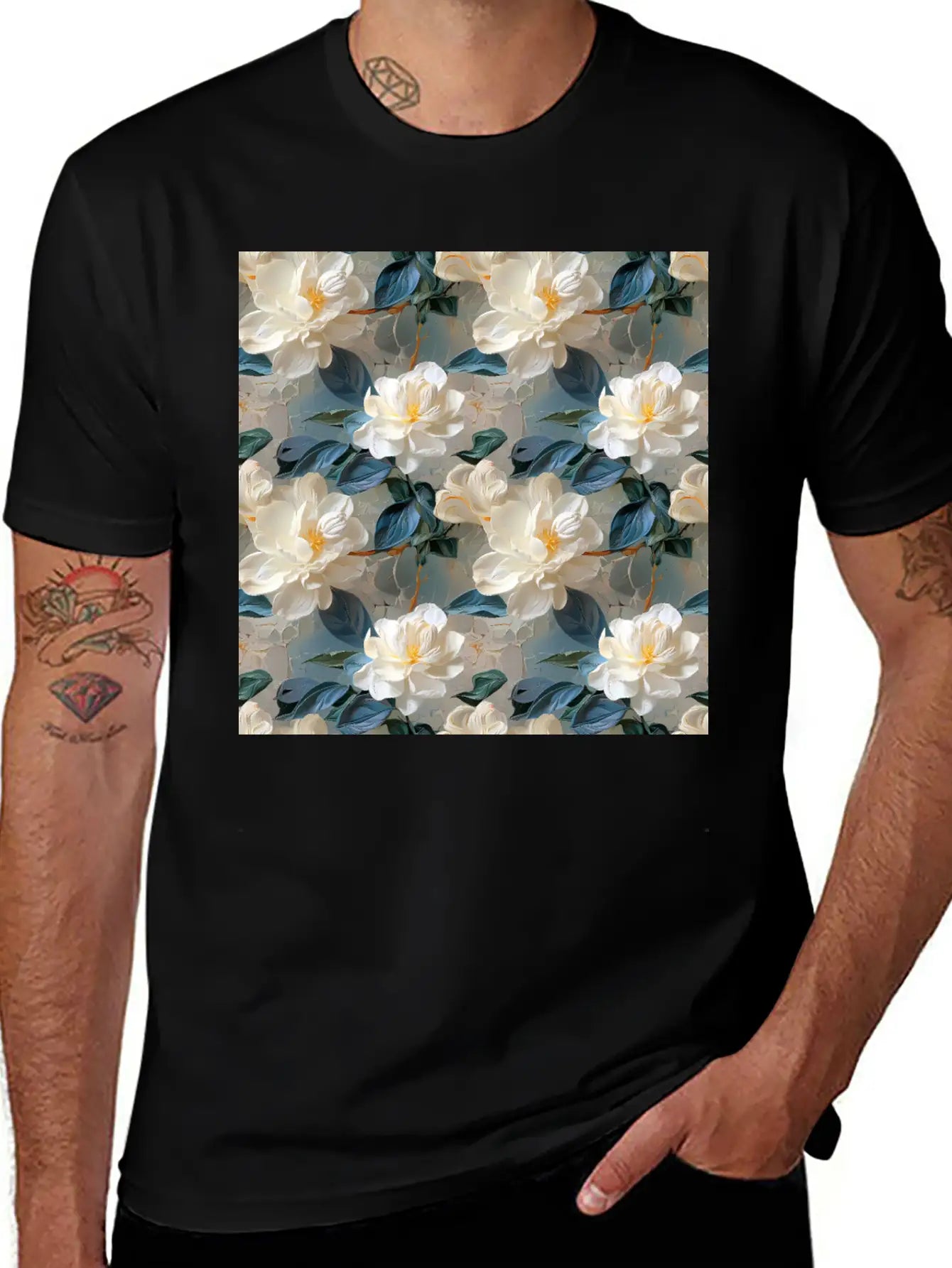 Elegant Gardenia Floral Pattern Breathable Soft Cotton T-Shirt – Timeless Casual Look