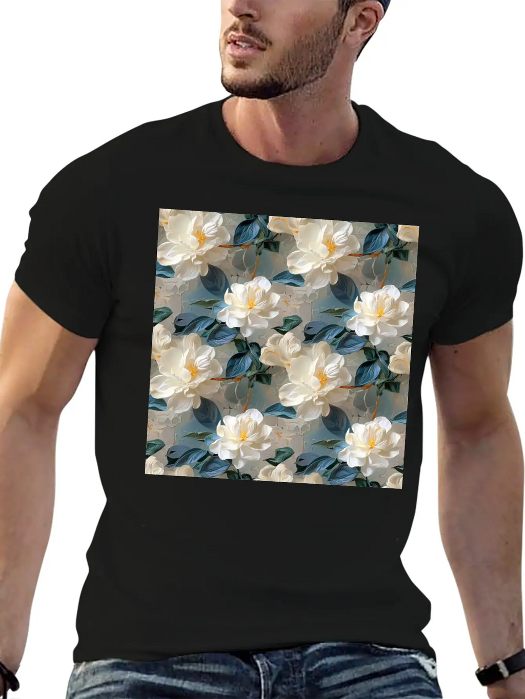 Elegant Gardenia Floral Pattern Breathable Soft Cotton T-Shirt – Timeless Casual Look