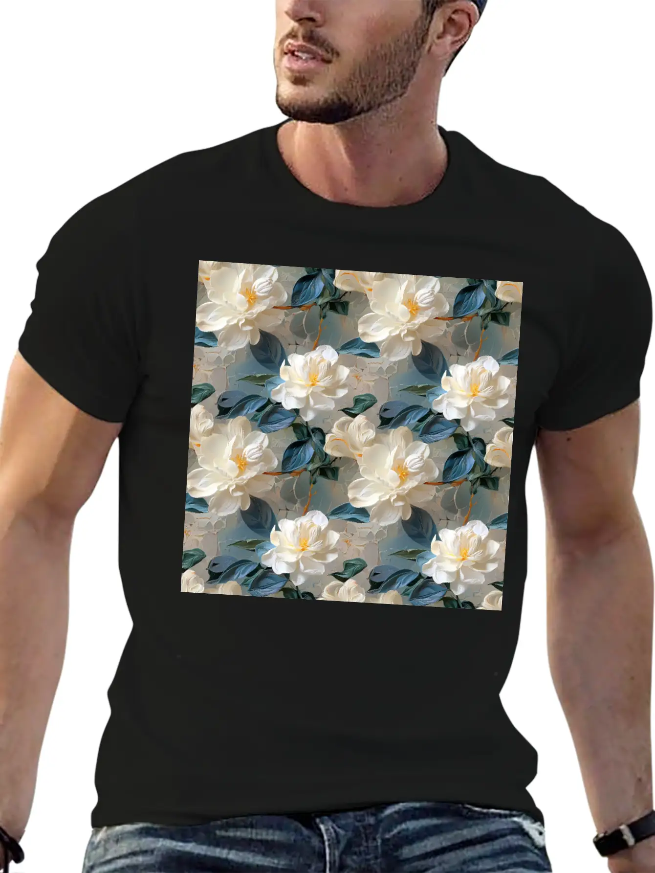 Elegant Gardenia Floral Pattern Breathable Soft Cotton T-Shirt – Timeless Casual Look
