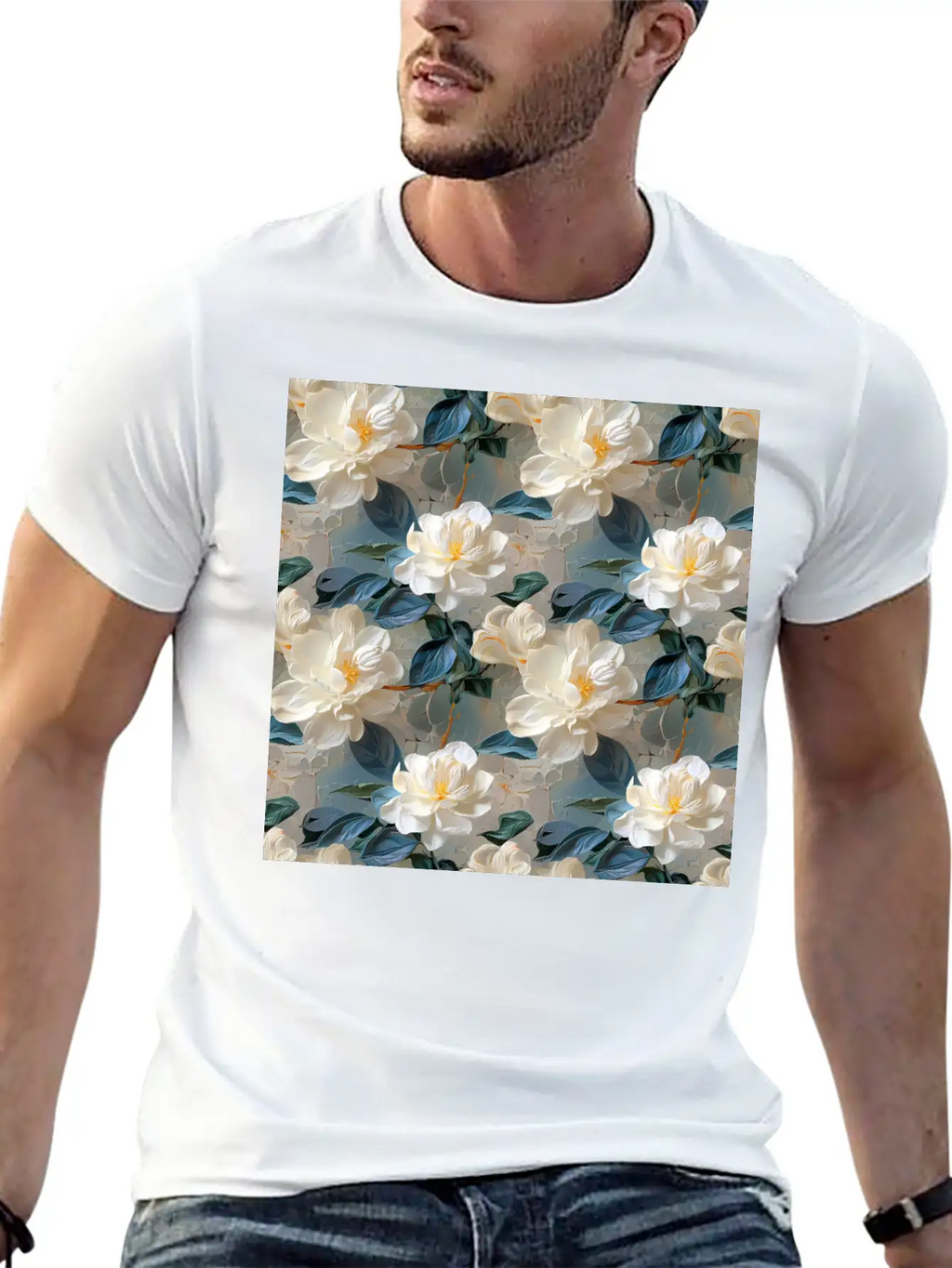 Elegant Gardenia Floral Pattern Breathable Soft Cotton T-Shirt – Timeless Casual Look