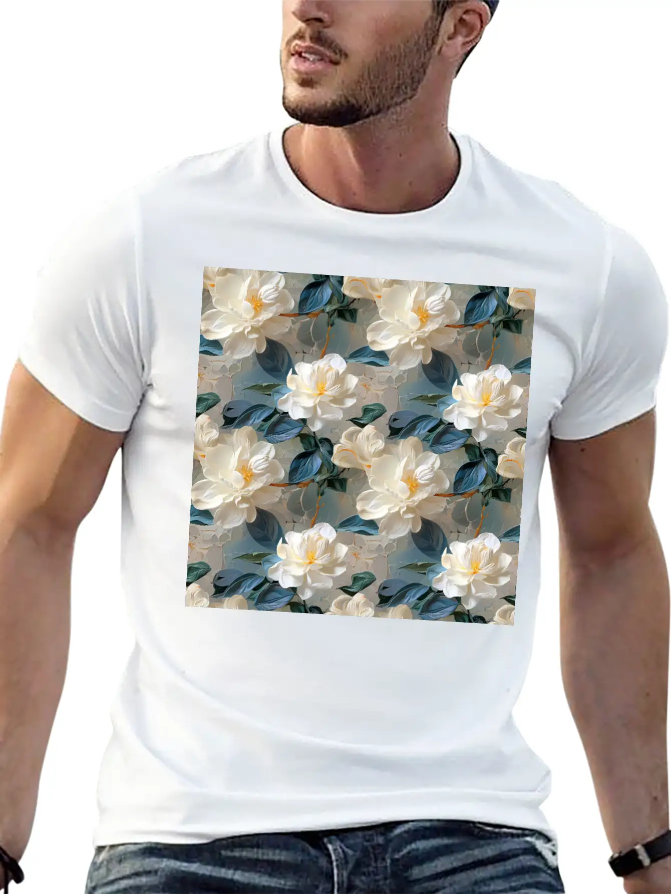 Elegant Gardenia Floral Pattern Breathable Soft Cotton T-Shirt – Timeless Casual Look
