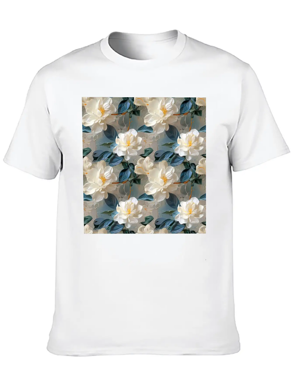 Elegant Gardenia Floral Pattern Breathable Soft Cotton T-Shirt – Timeless Casual Look