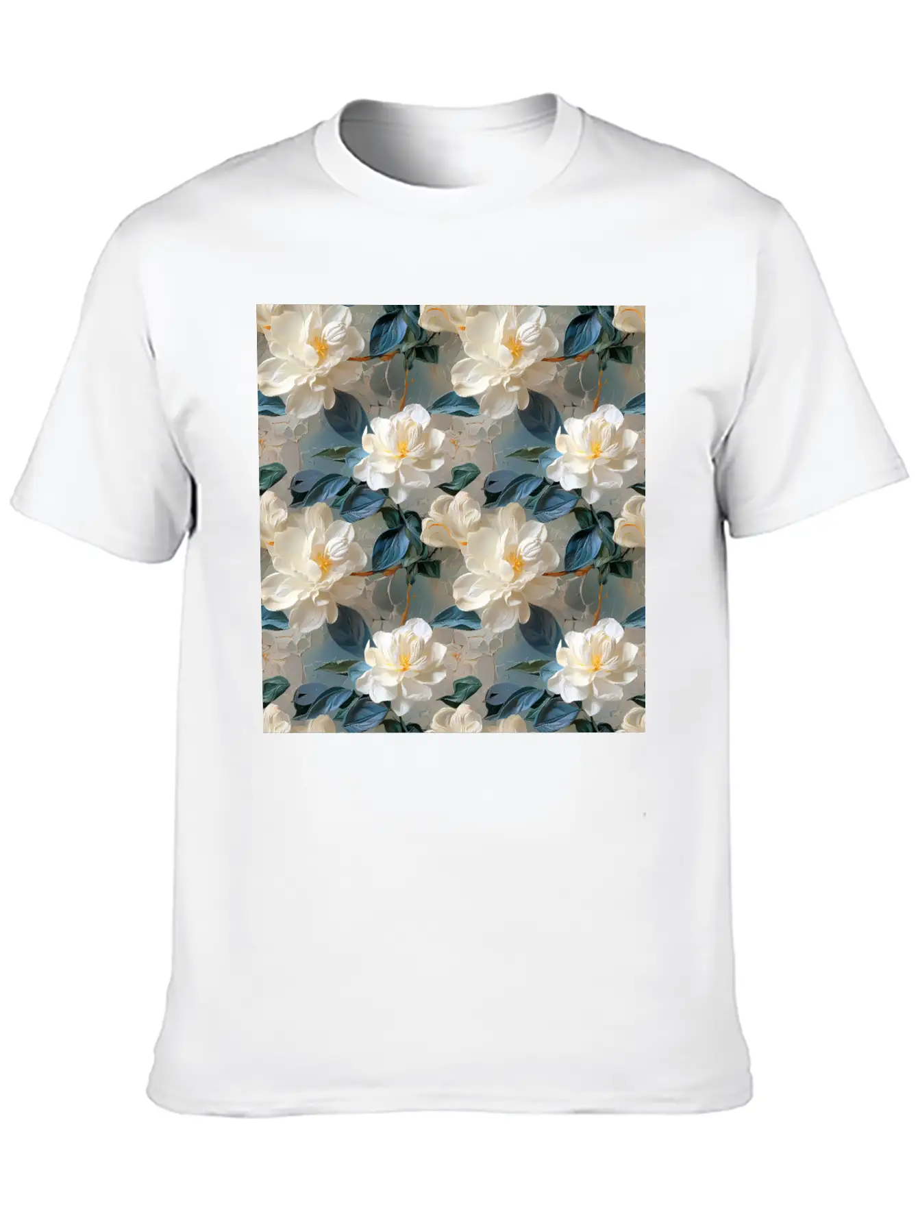 Elegant Gardenia Floral Pattern Breathable Soft Cotton T-Shirt – Timeless Casual Look
