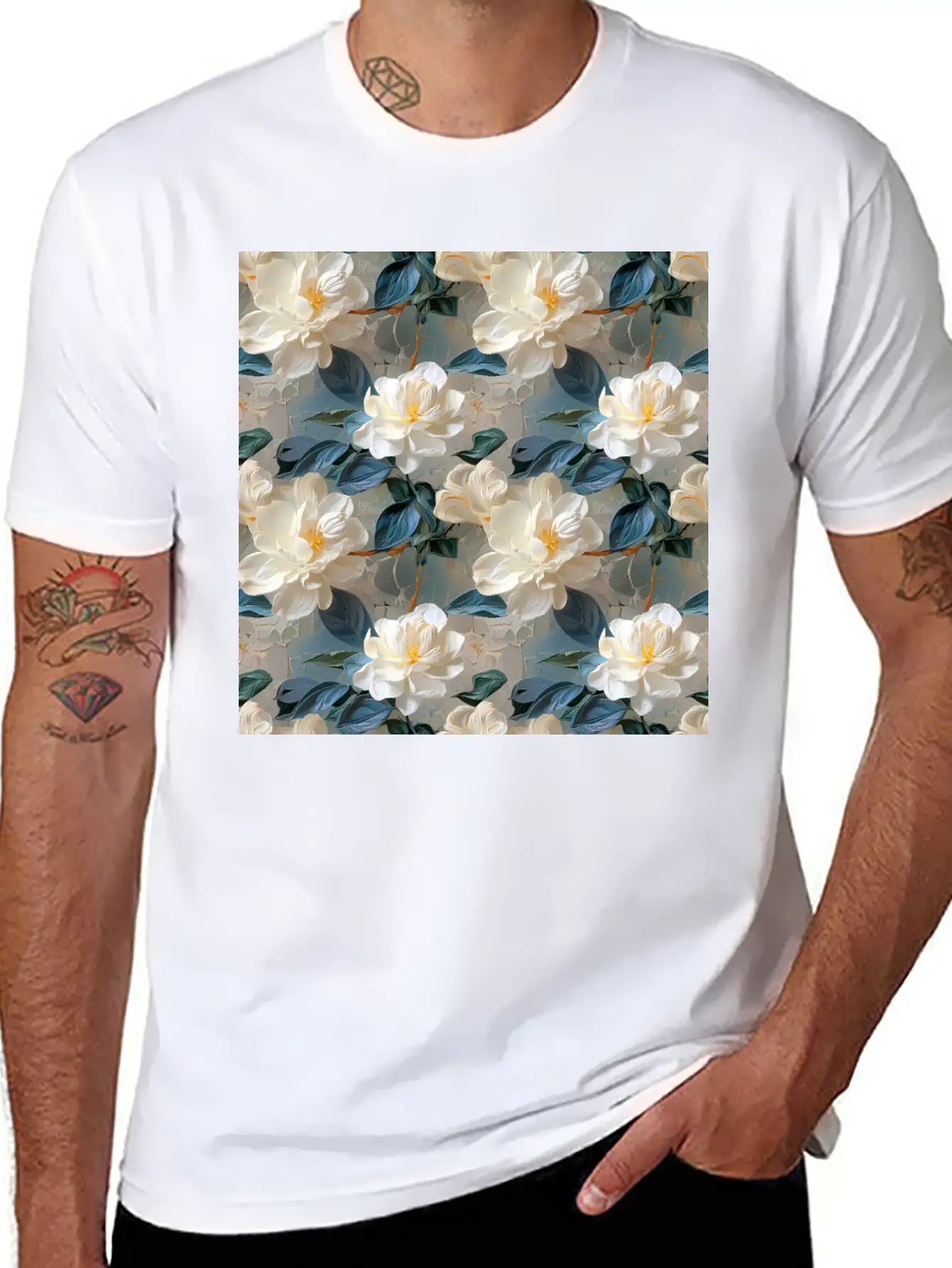 Elegant Gardenia Floral Pattern Breathable Soft Cotton T-Shirt – Timeless Casual Look