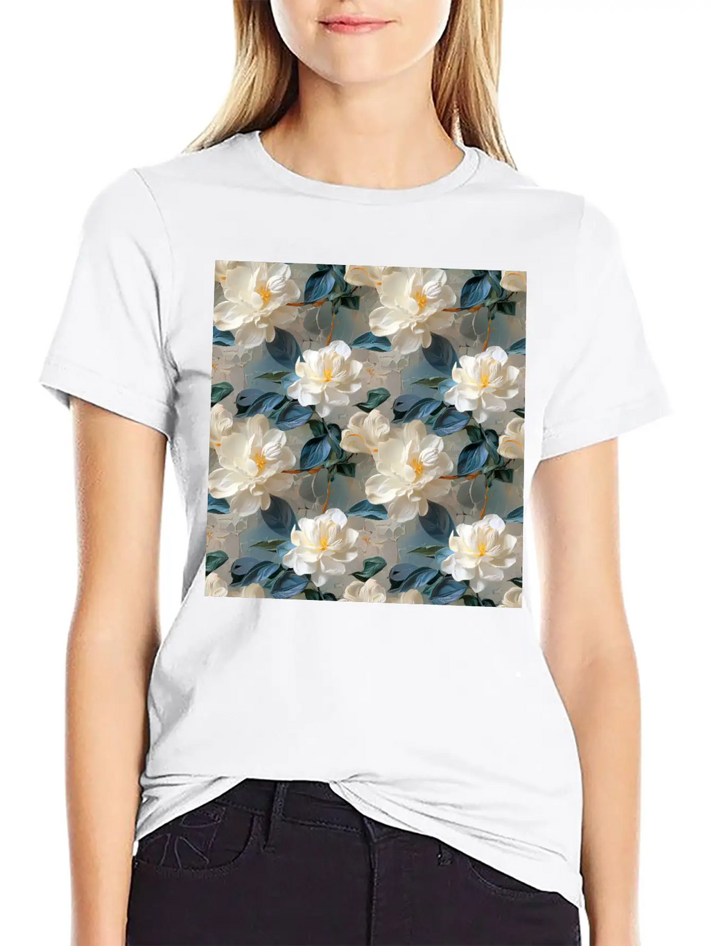 Elegant Gardenia Floral Pattern Breathable Soft Cotton T-Shirt – Timeless Casual Look