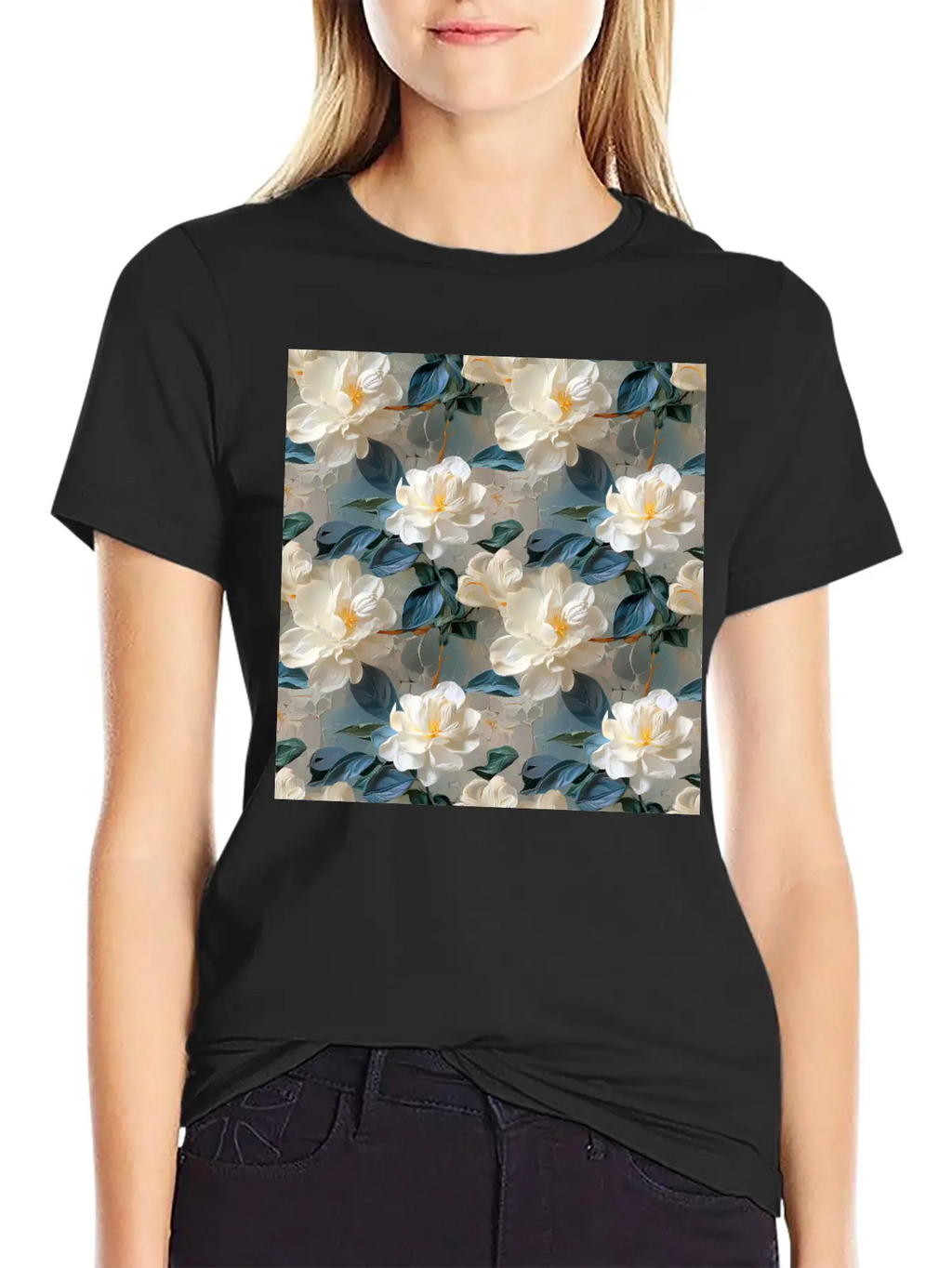 Elegant Gardenia Floral Pattern Breathable Soft Cotton T-Shirt – Timeless Casual Look