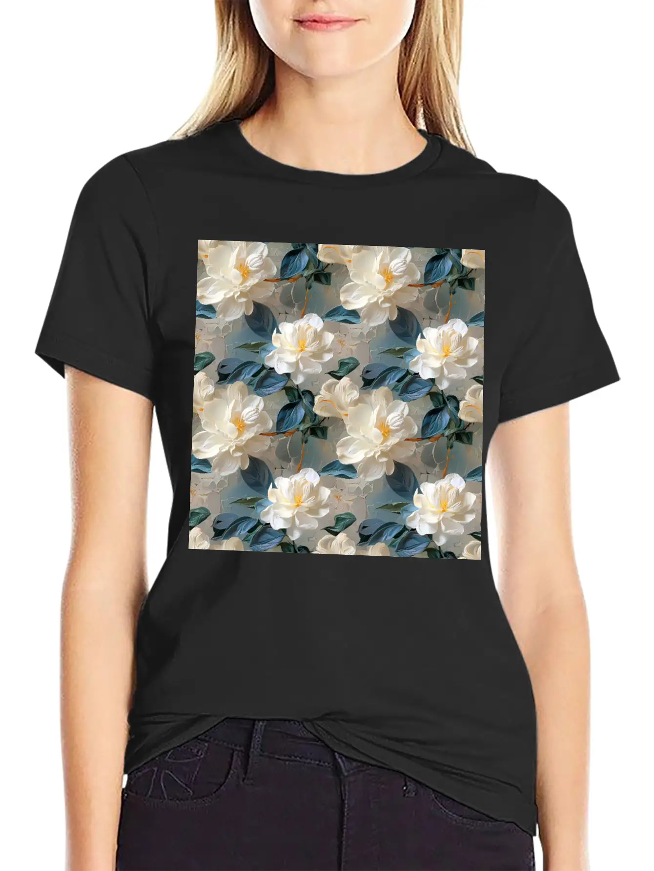Elegant Gardenia Floral Pattern Breathable Soft Cotton T-Shirt – Timeless Casual Look