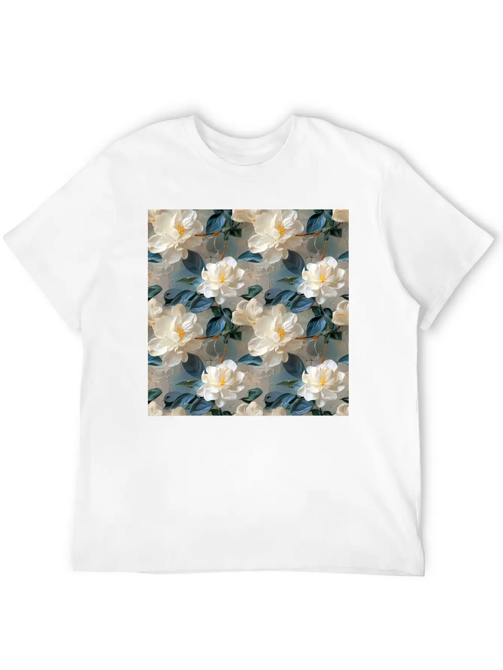 Elegant Gardenia Floral Pattern Breathable Soft Cotton T-Shirt – Timeless Casual Look