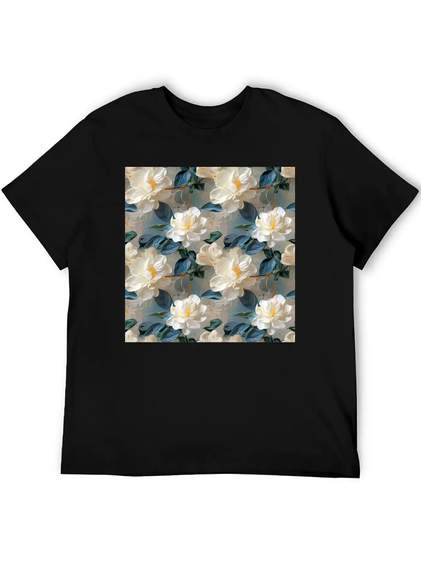 Elegant Gardenia Floral Pattern Breathable Soft Cotton T-Shirt – Timeless Casual Look
