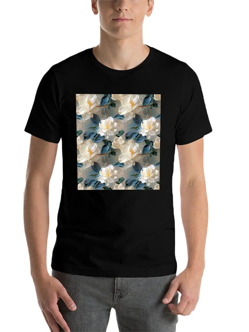 Elegant Gardenia Floral Pattern Breathable Soft Cotton T-Shirt – Timeless Casual Look