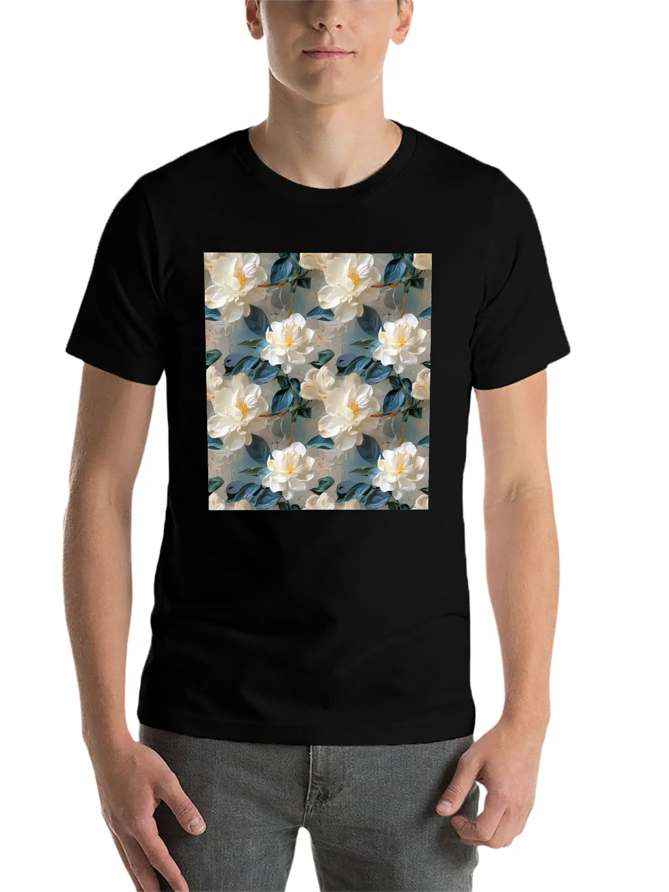 Elegant Gardenia Floral Pattern Breathable Soft Cotton T-Shirt – Timeless Casual Look