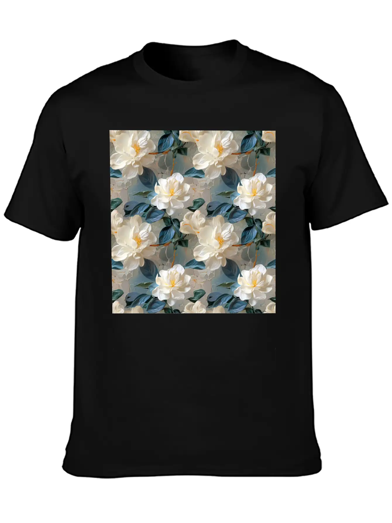 Elegant Gardenia Floral Pattern Breathable Soft Cotton T-Shirt – Timeless Casual Look