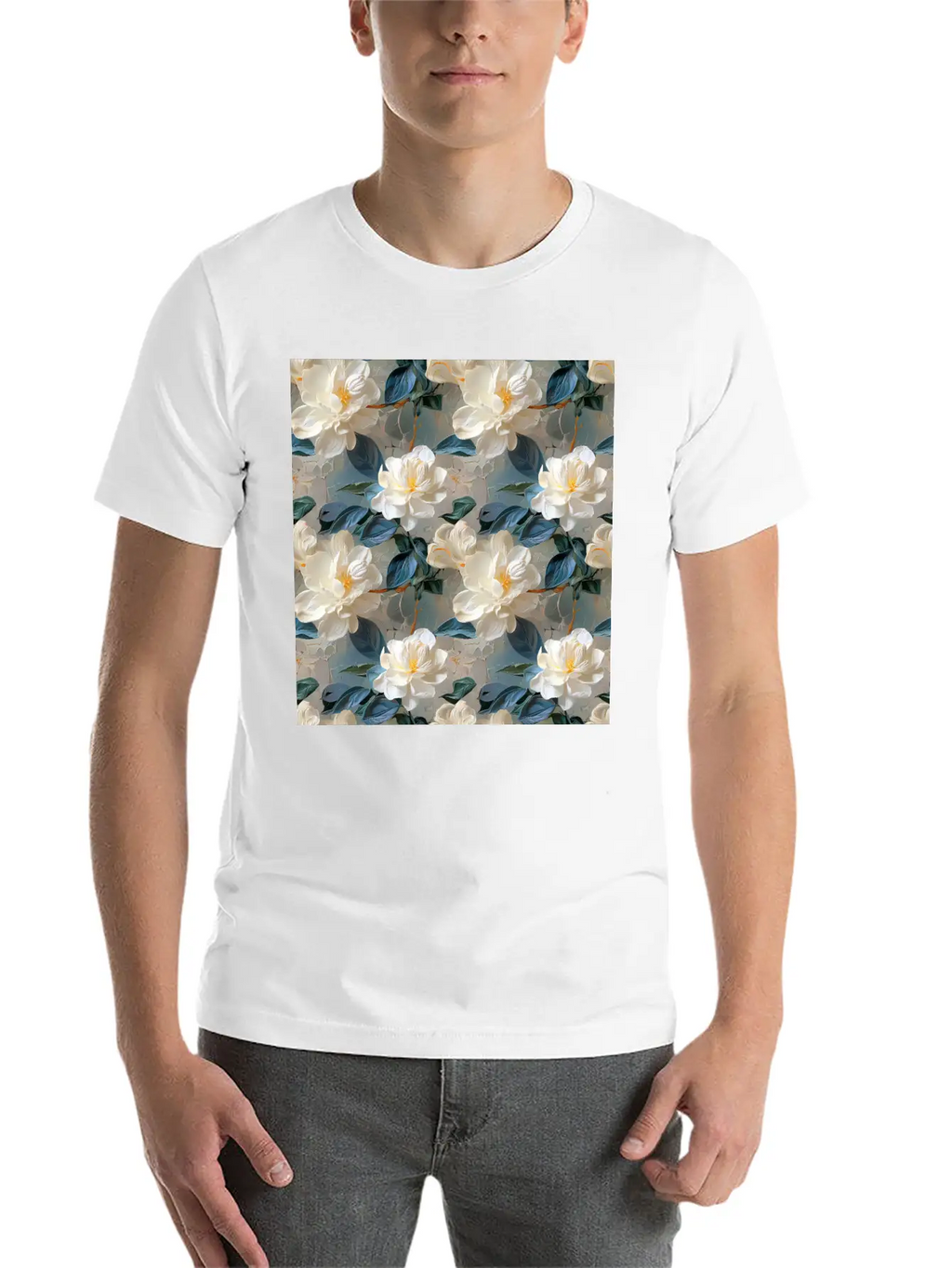 Elegant Gardenia Floral Pattern Breathable Soft Cotton T-Shirt – Timeless Casual Look