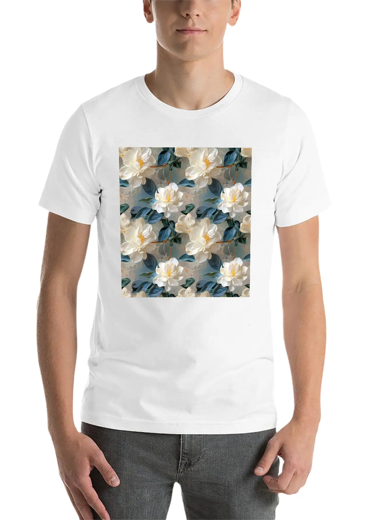Elegant Gardenia Floral Pattern Breathable Soft Cotton T-Shirt – Timeless Casual Look