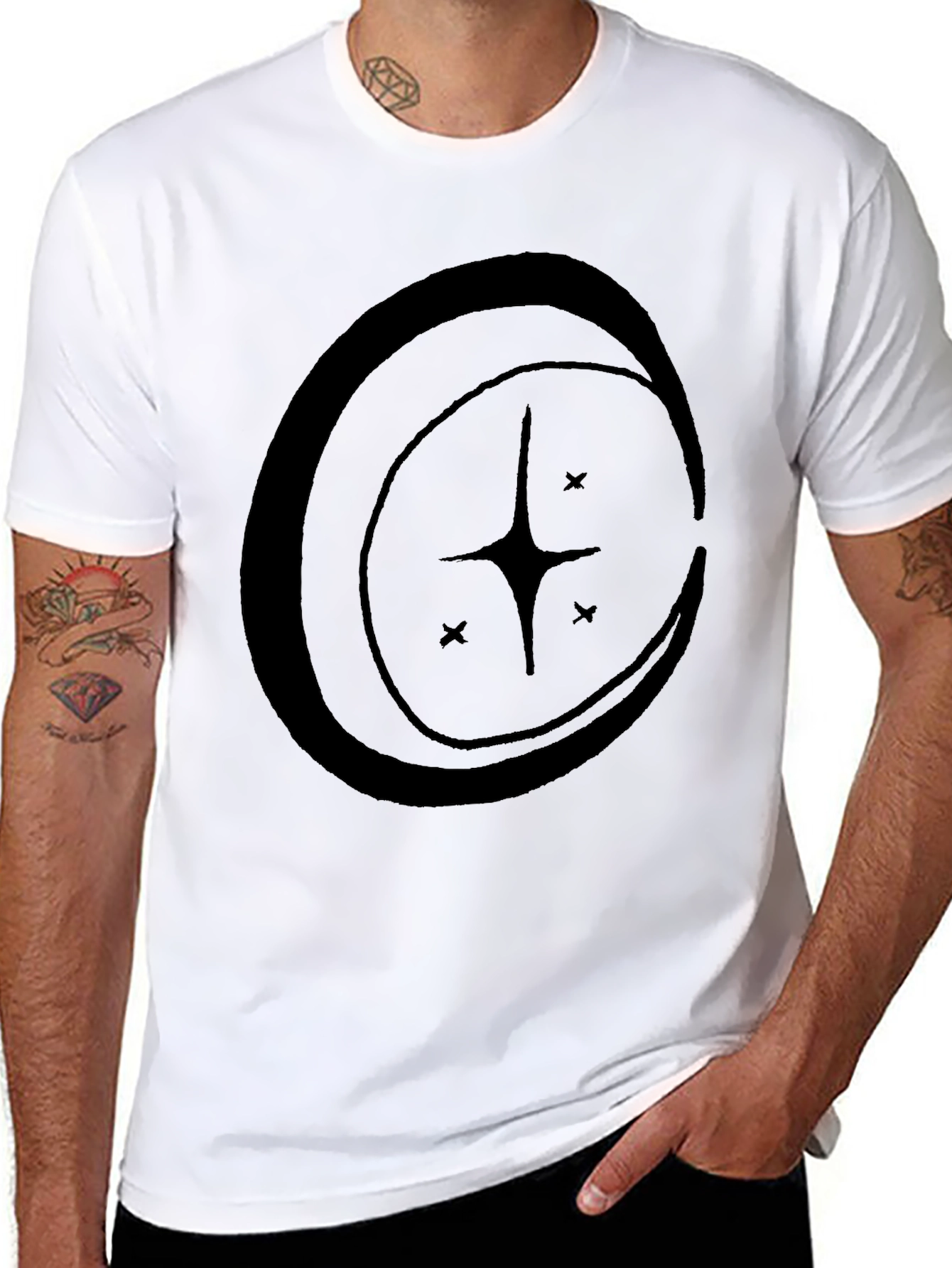 Celestial Star Crescent Moon Graphic Tee - Black Cotton Blend