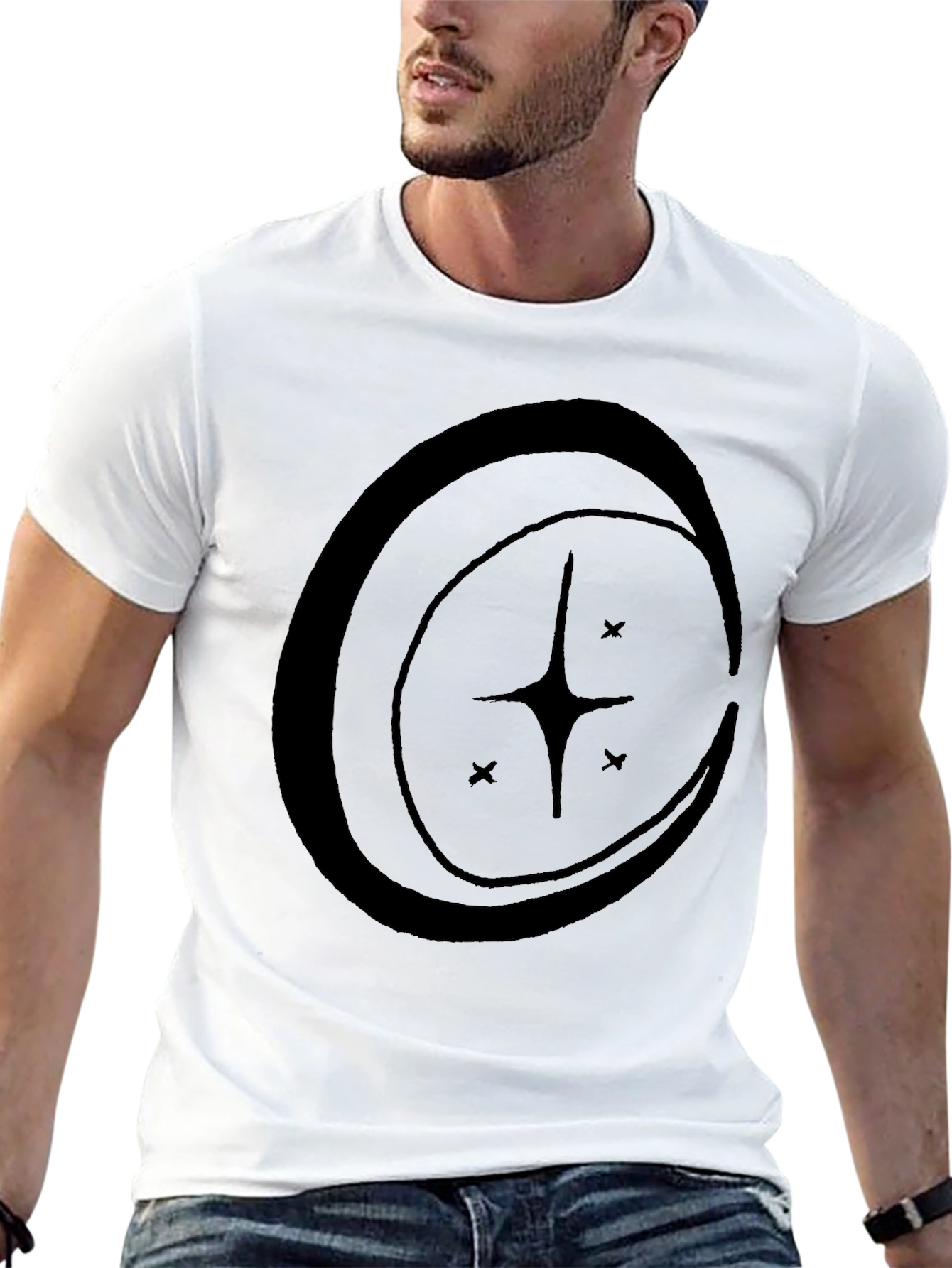 Celestial Star Crescent Moon Graphic Tee - Black Cotton Blend