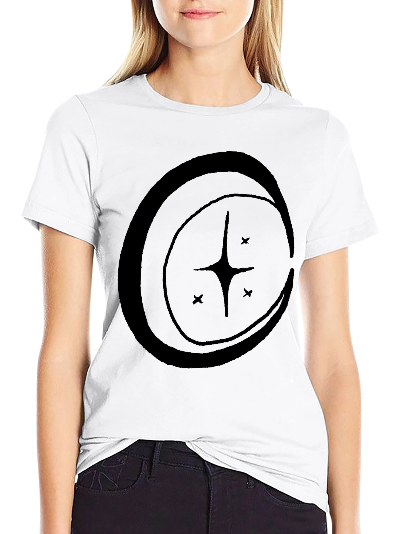 Celestial Star Crescent Moon Graphic Tee - Black Cotton Blend