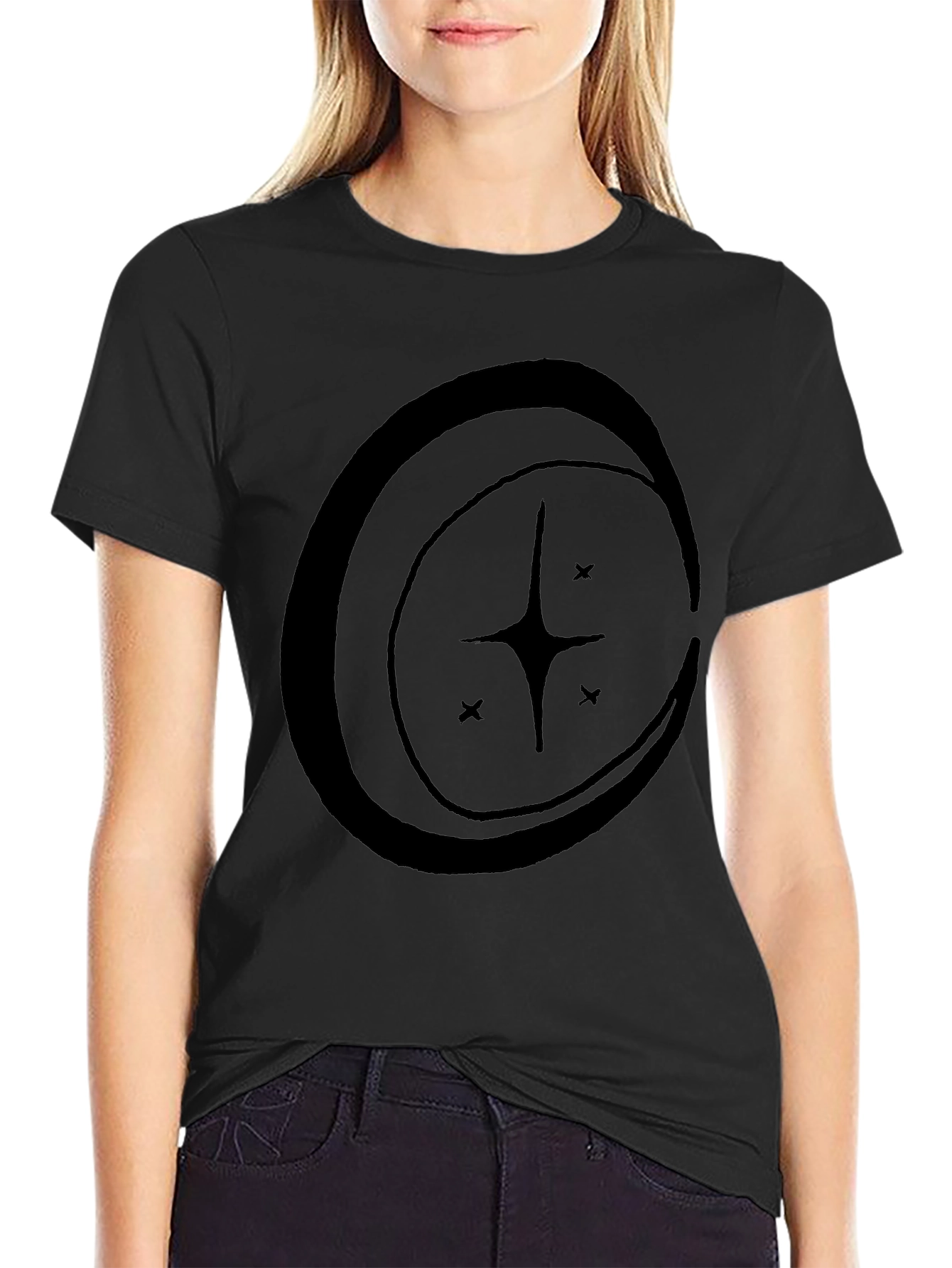 Celestial Star Crescent Moon Graphic Tee - Black Cotton Blend