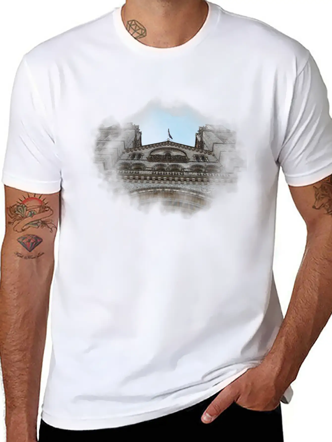 European Church, Watercolor Graphic Breathable Soft Cotton T-Shirt – Timeless Casual Look
