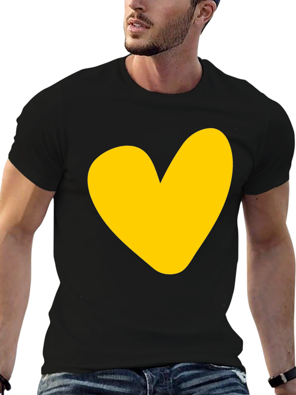 Black T-Shirt with Yellow Heart Graphic