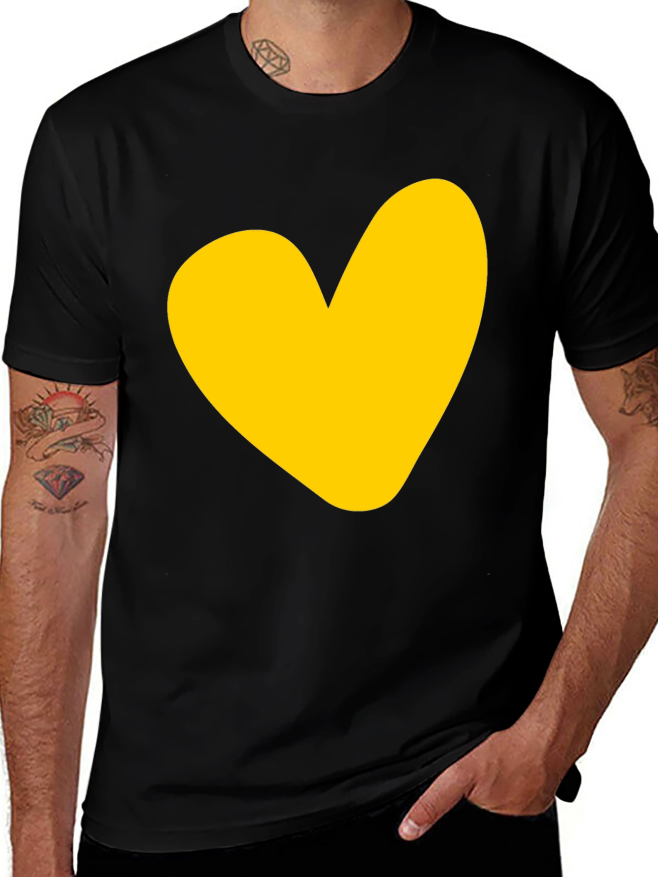 Black T-Shirt with Yellow Heart Graphic