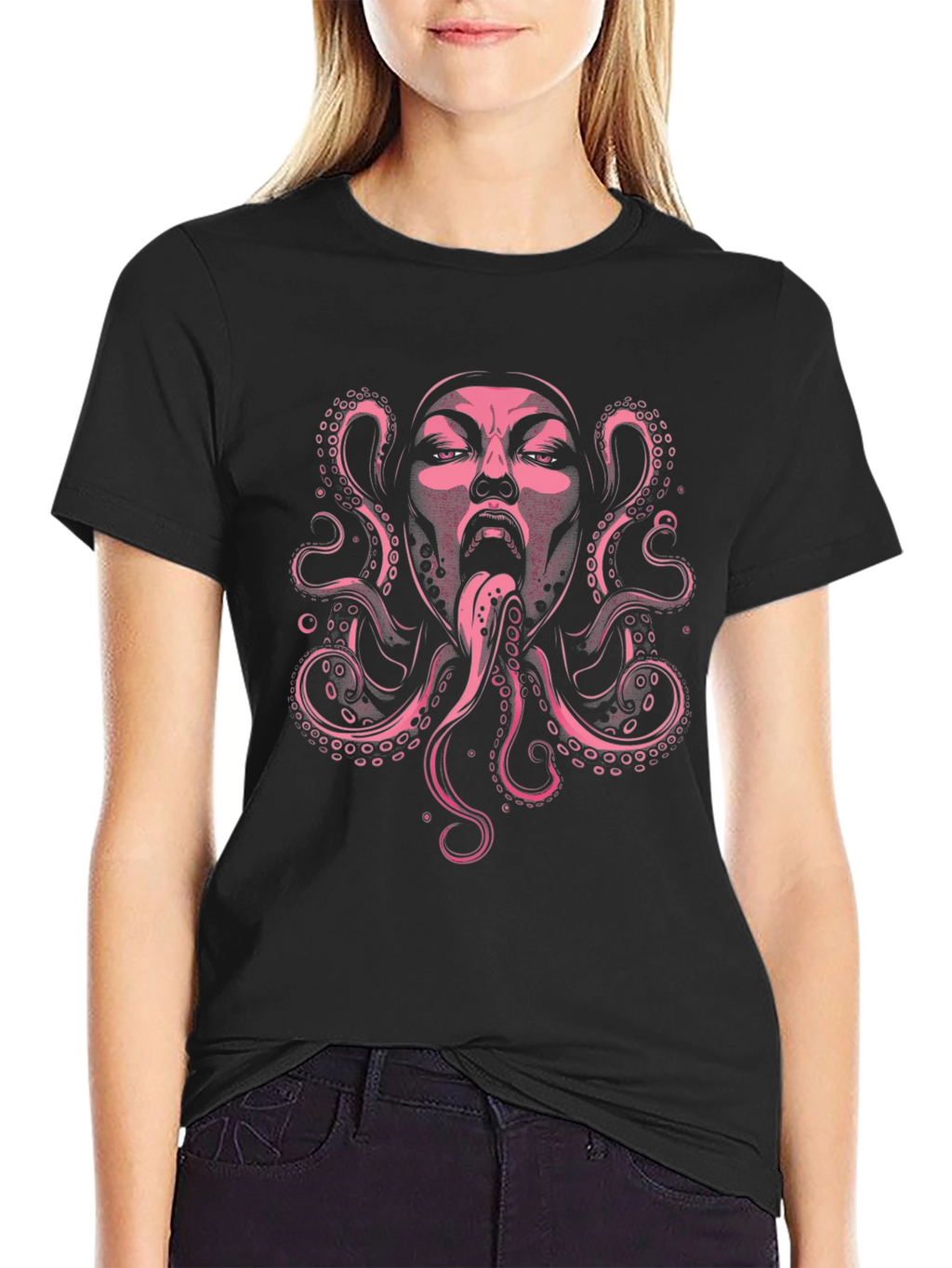 Pink Octopus Face Graphic Black T-Shirt