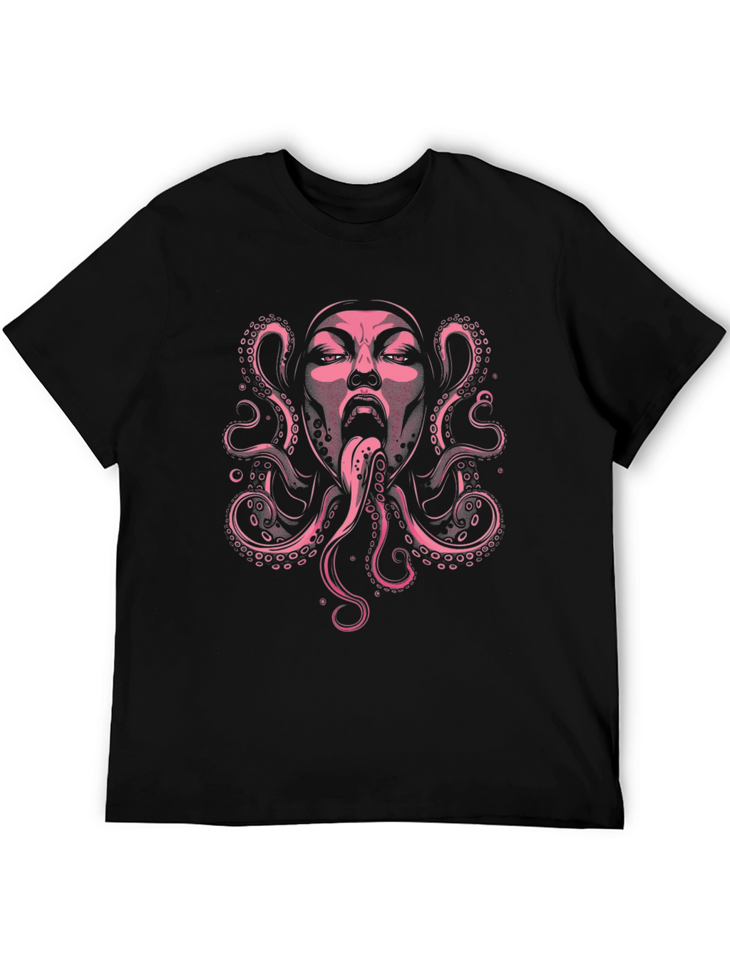 Pink Octopus Face Graphic Black T-Shirt