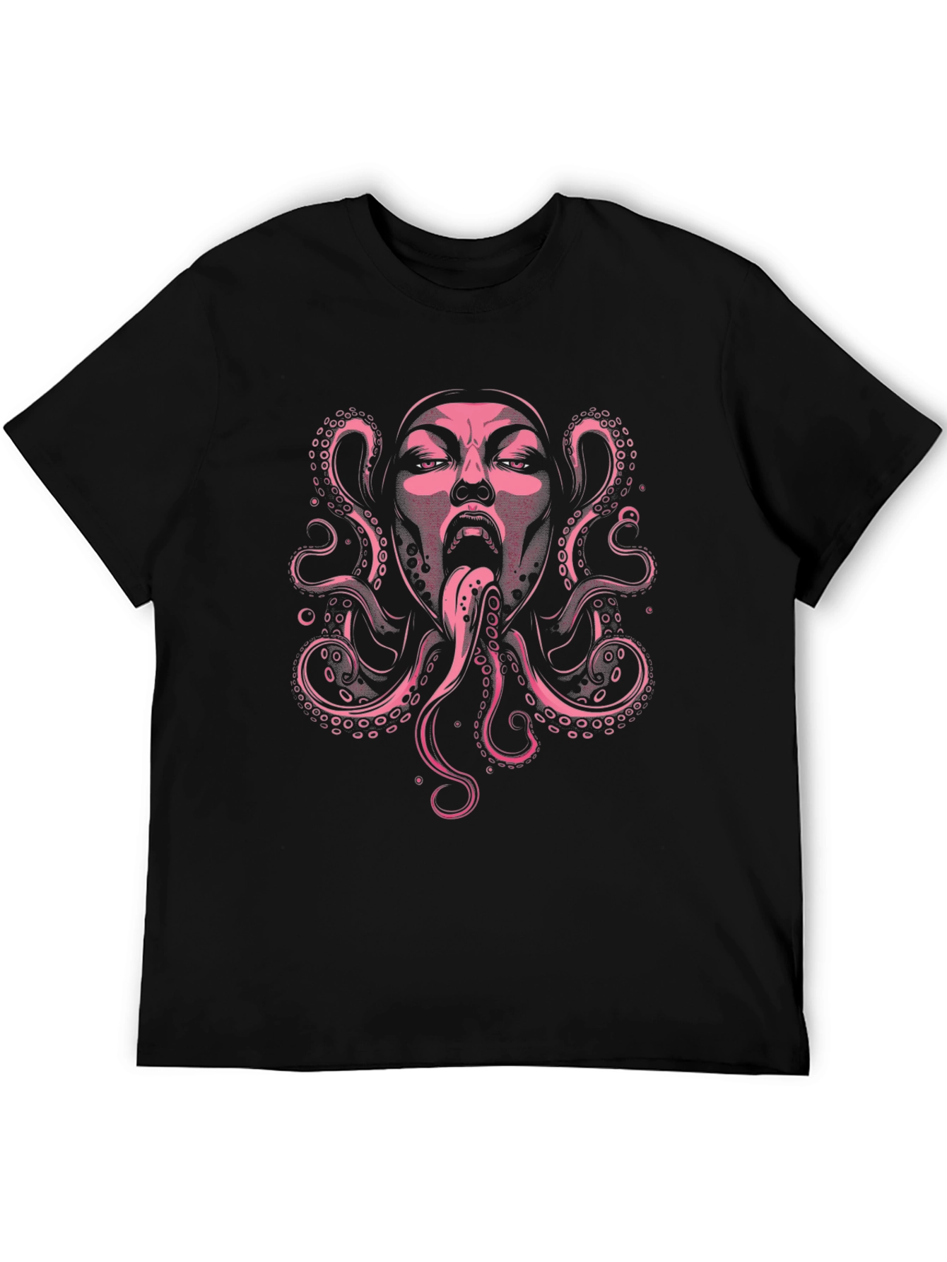 Pink Octopus Face Graphic Black T-Shirt