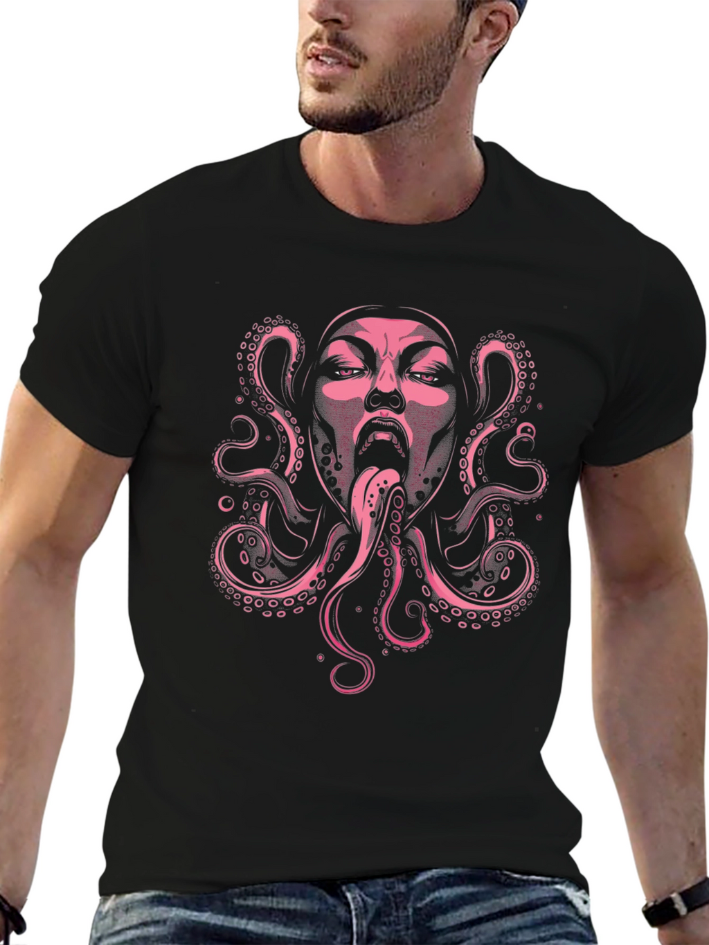 Pink Octopus Face Graphic Black T-Shirt